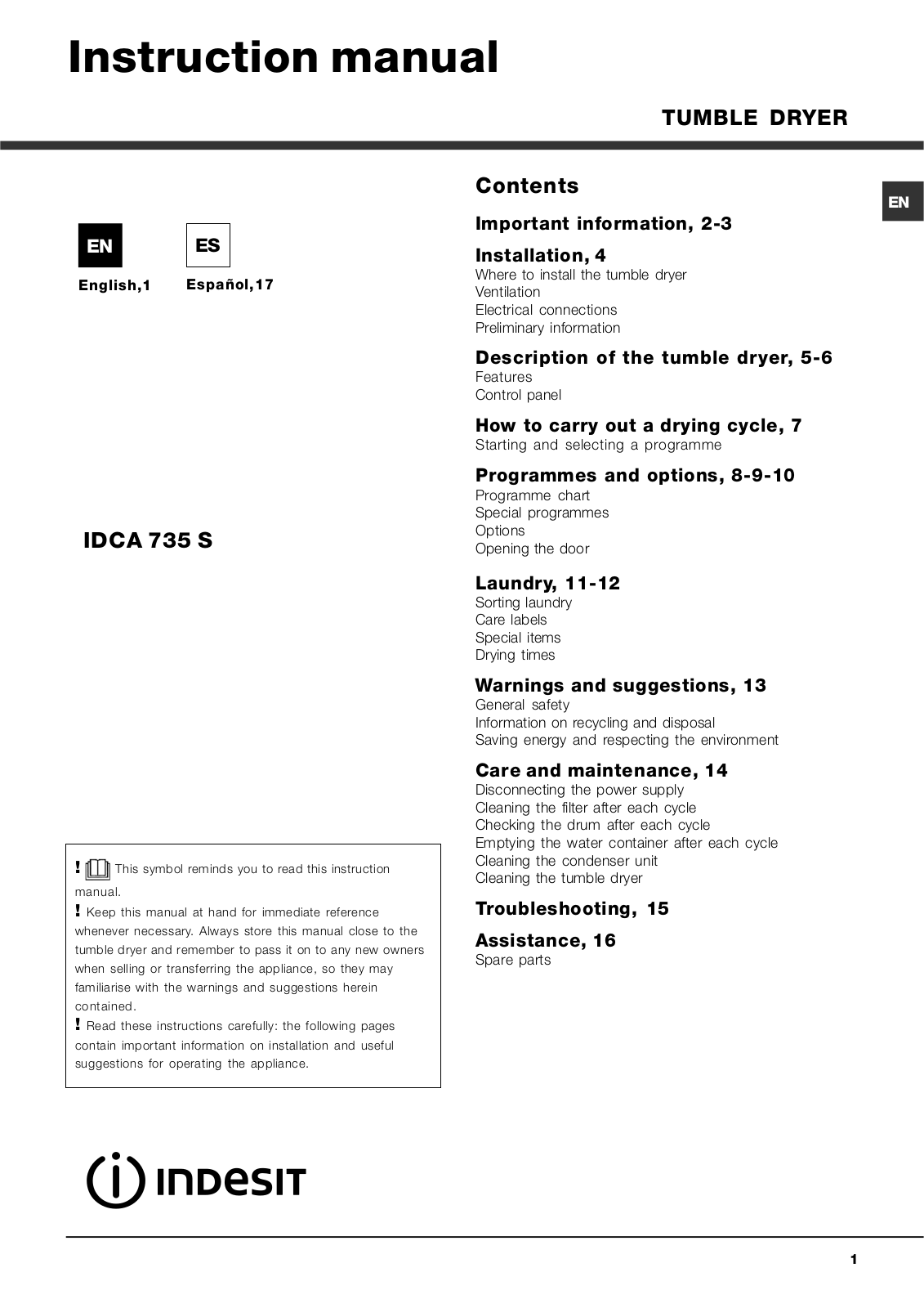 Indesit IDCA 735 S User Manual