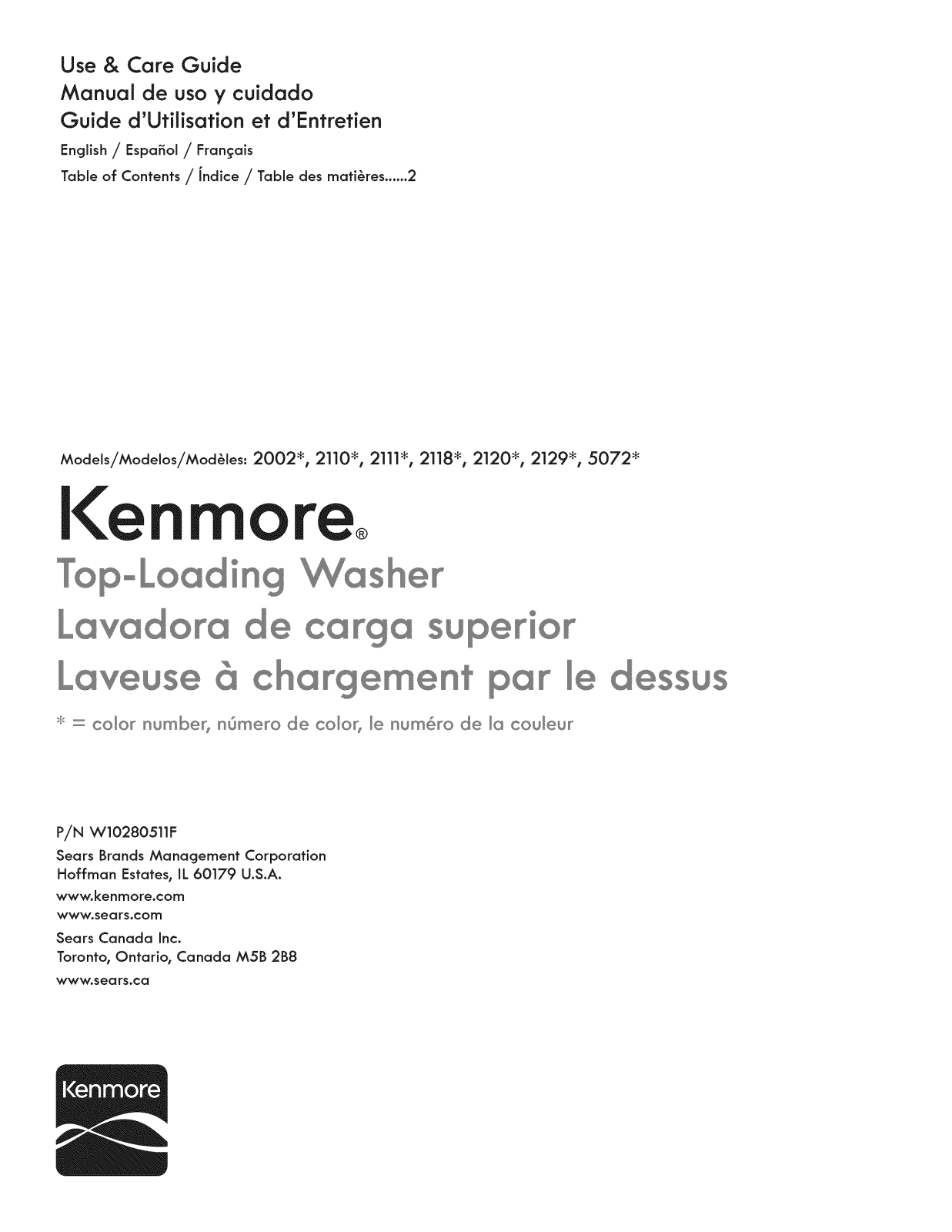 Kenmore 1105072012, 1105072011, 1105072010, 11021292013, 11021292012 Owner’s Manual