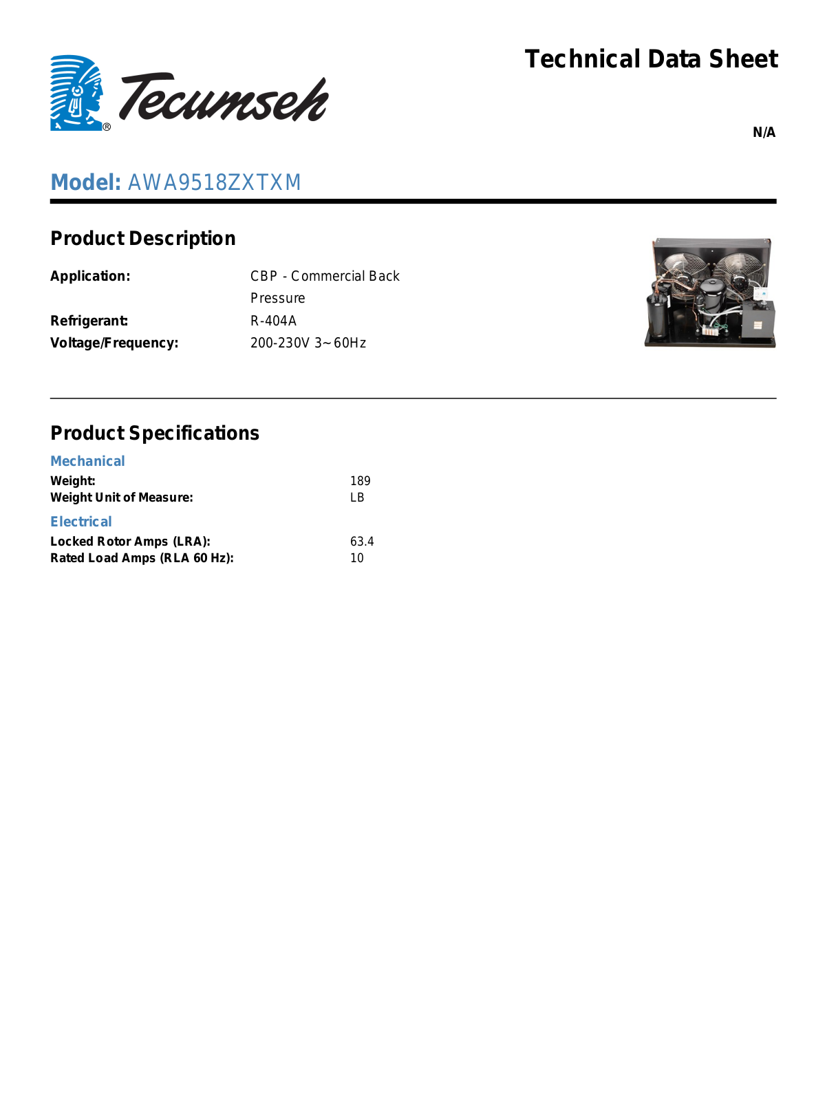 Tecumseh AWA9518ZXTXM Technical Data Sheet