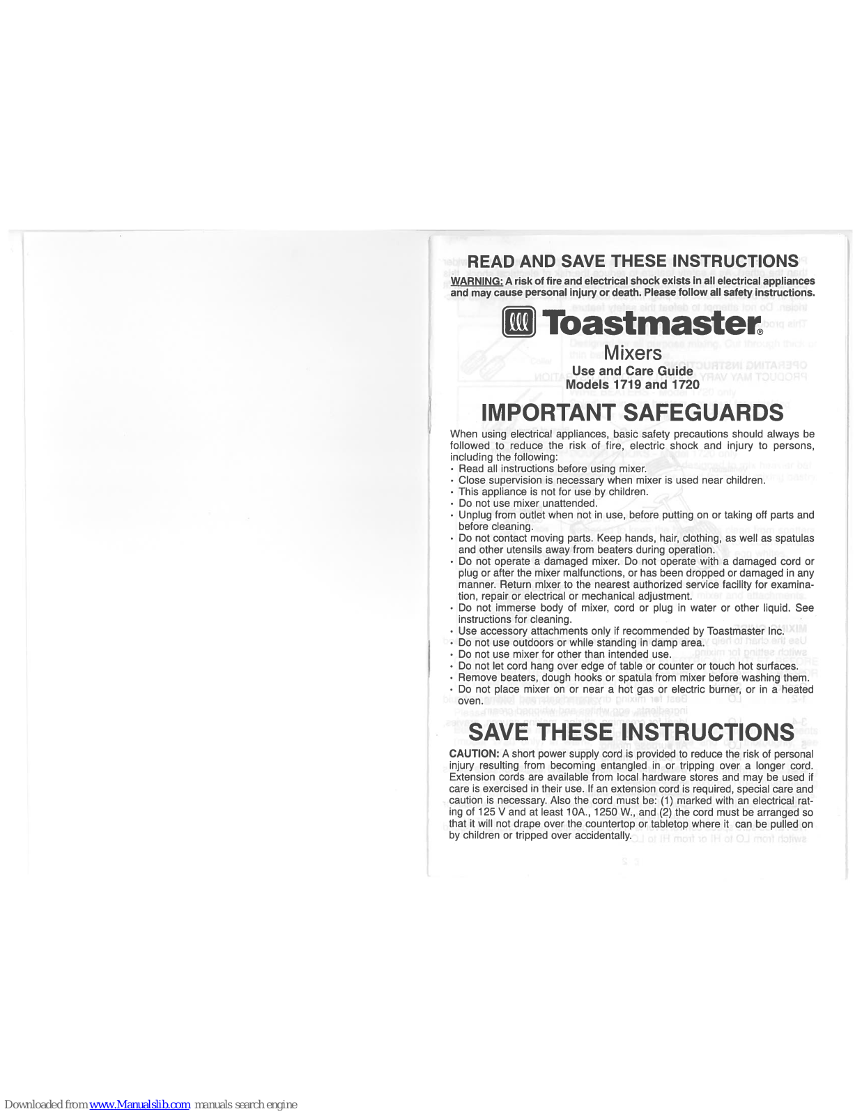 Toastmaster 1719, 1720 Instructions Manual