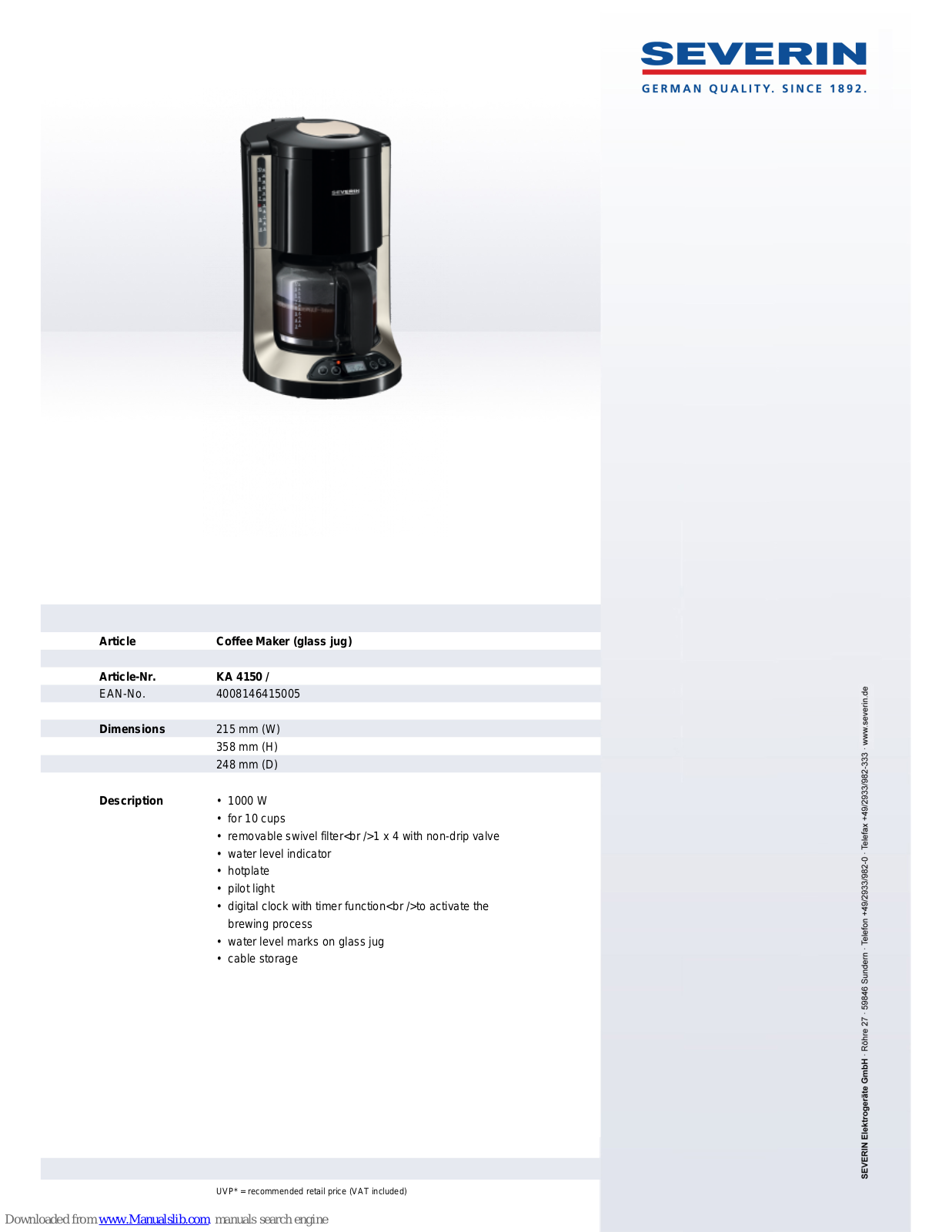 SEVERIN KAFFEEAUTOMAT MIT TIMER KA 4150, KA 4150 Dimensions