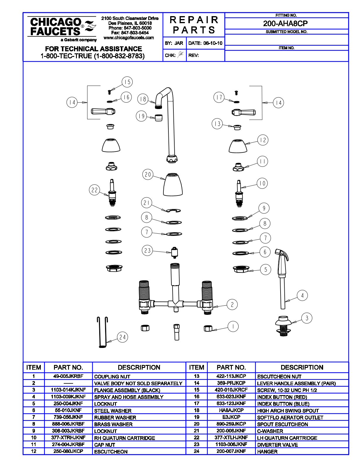 Chicago Faucet 200-AHA8 Parts List