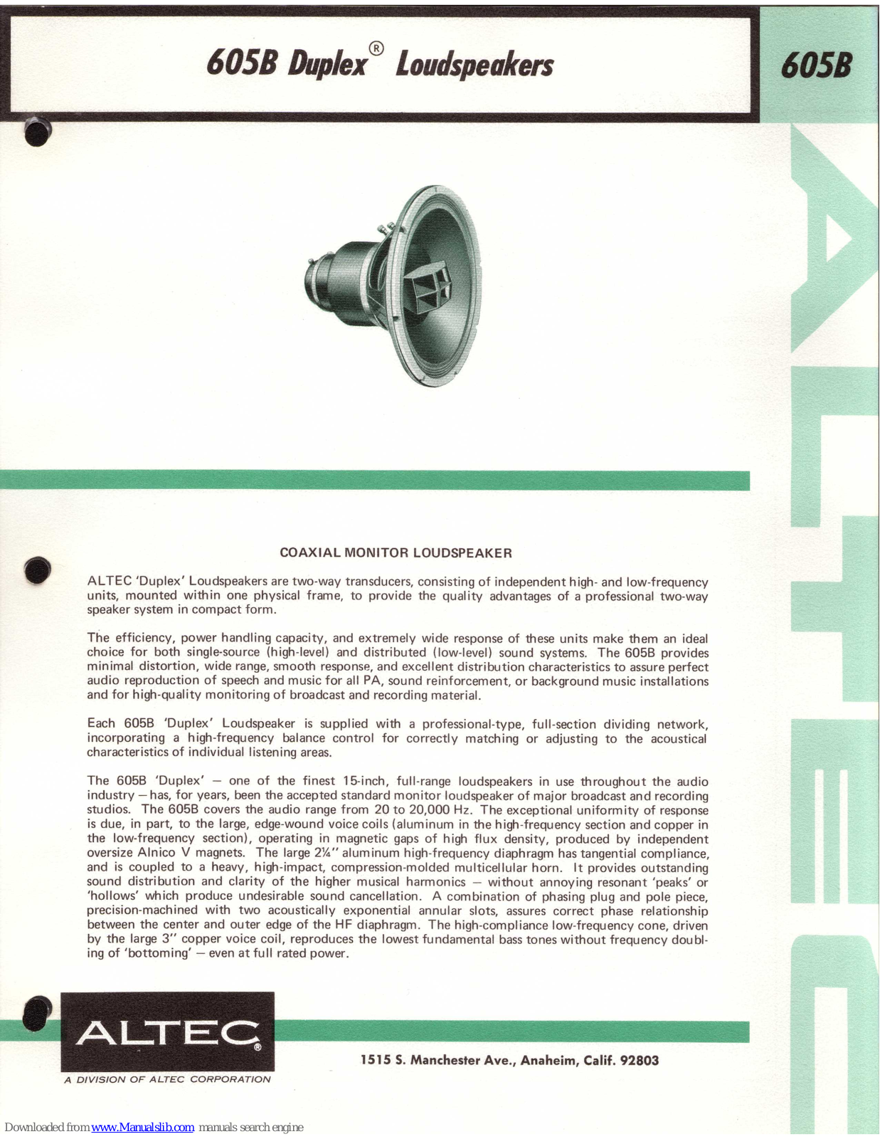 Altec 605B Specification Sheet