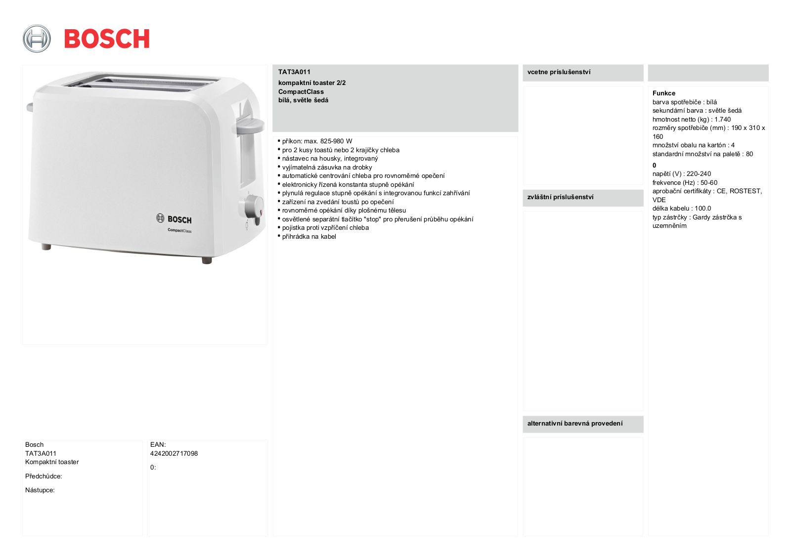 Bosch TAT3A011 Product sheet