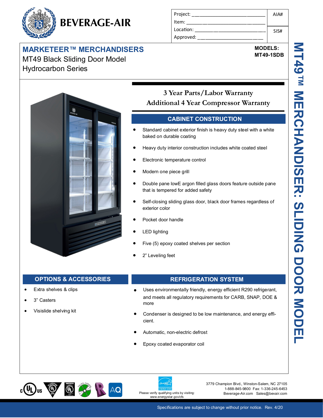 Beverage-Air MT491SDB Specifications