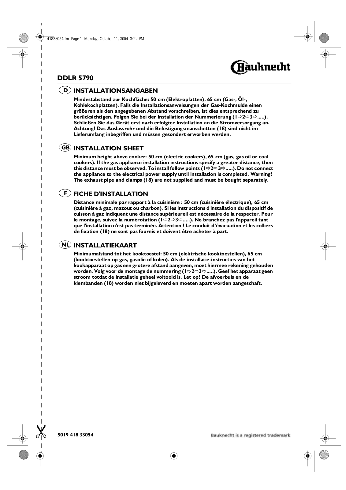 Whirlpool DDLR 5790 INSTALLATION SHEET