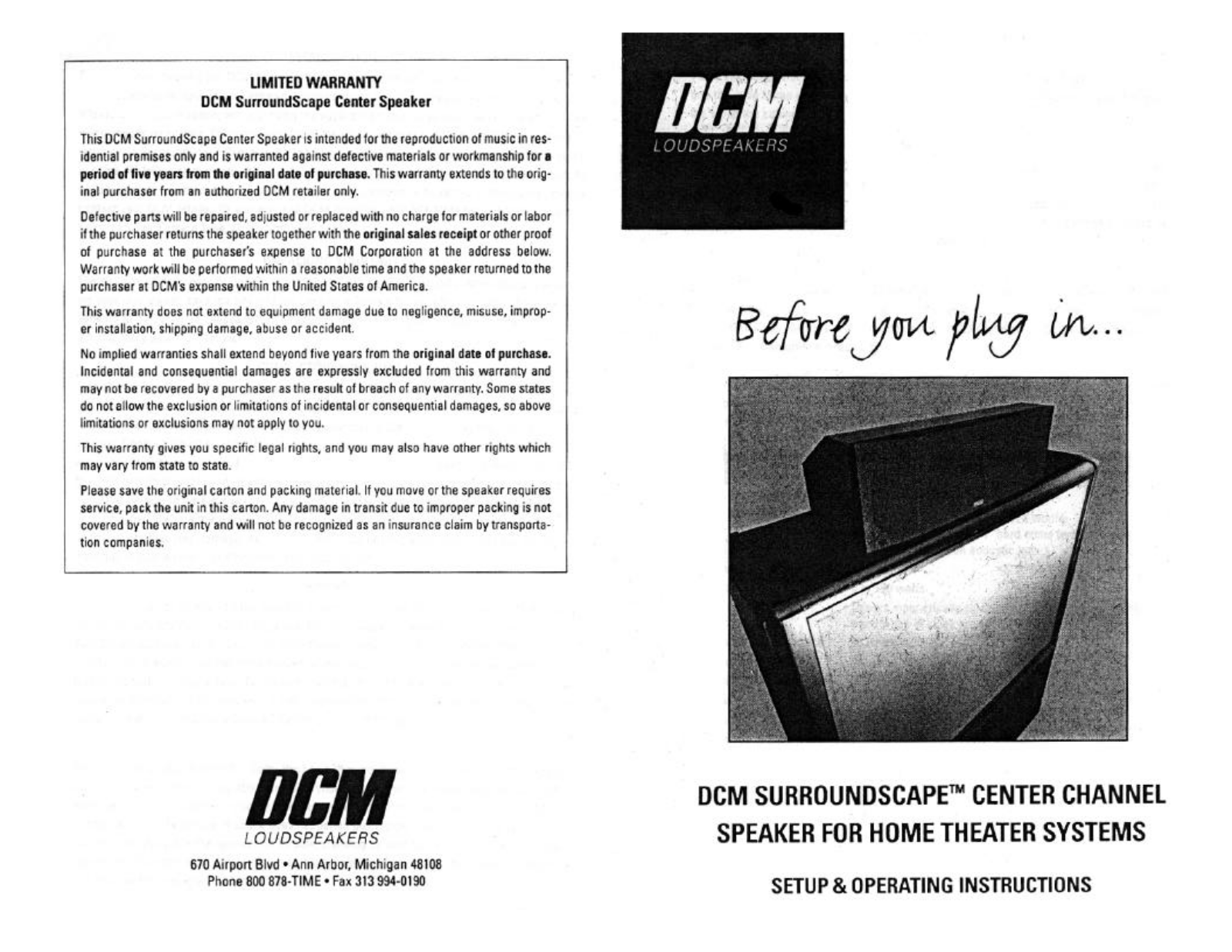 DCM Surroundscape Center Owners manual