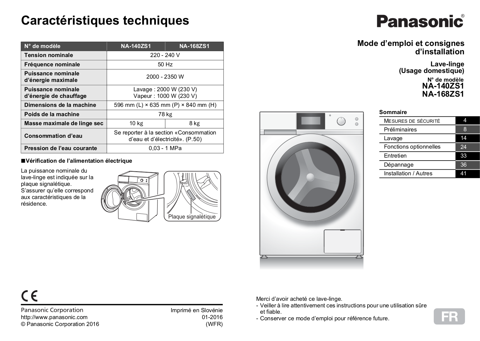 PANASONIC NA-140ZS1, NA-168ZS1 User Manual