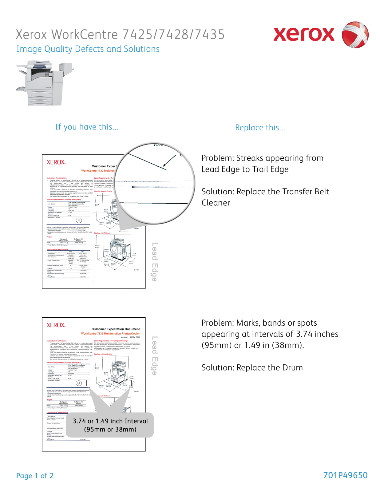 Xerox WorkCentre 7425, WorkCentre 7428, WorkCentre 7435 Image Quality Defects and Solutions