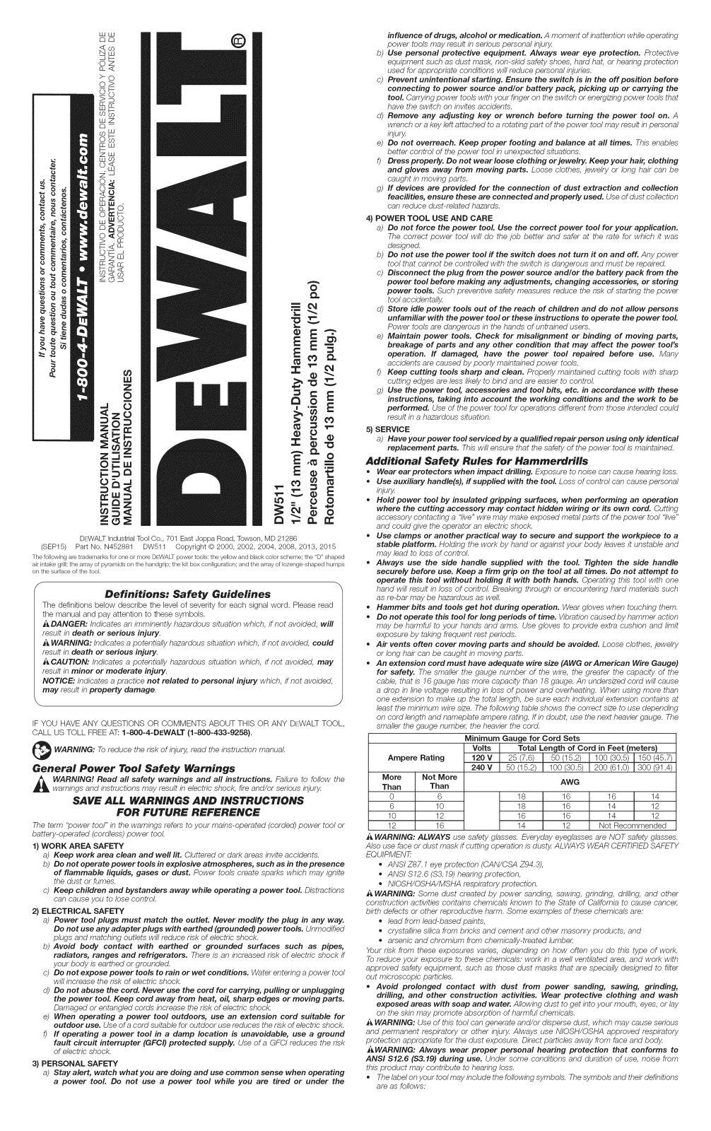 DeWalt DW511 TYPE 5 Owner’s Manual