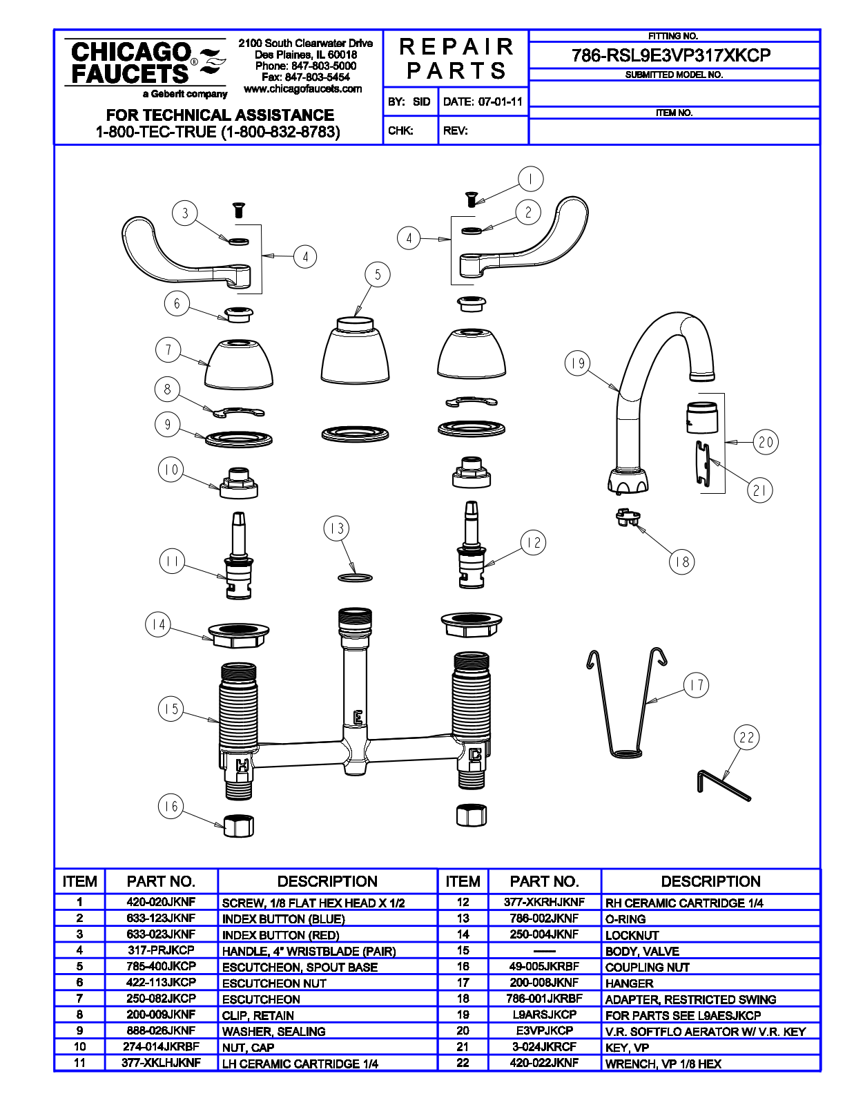 Chicago Faucet 786-RSL9E3VP317XKCP Parts List