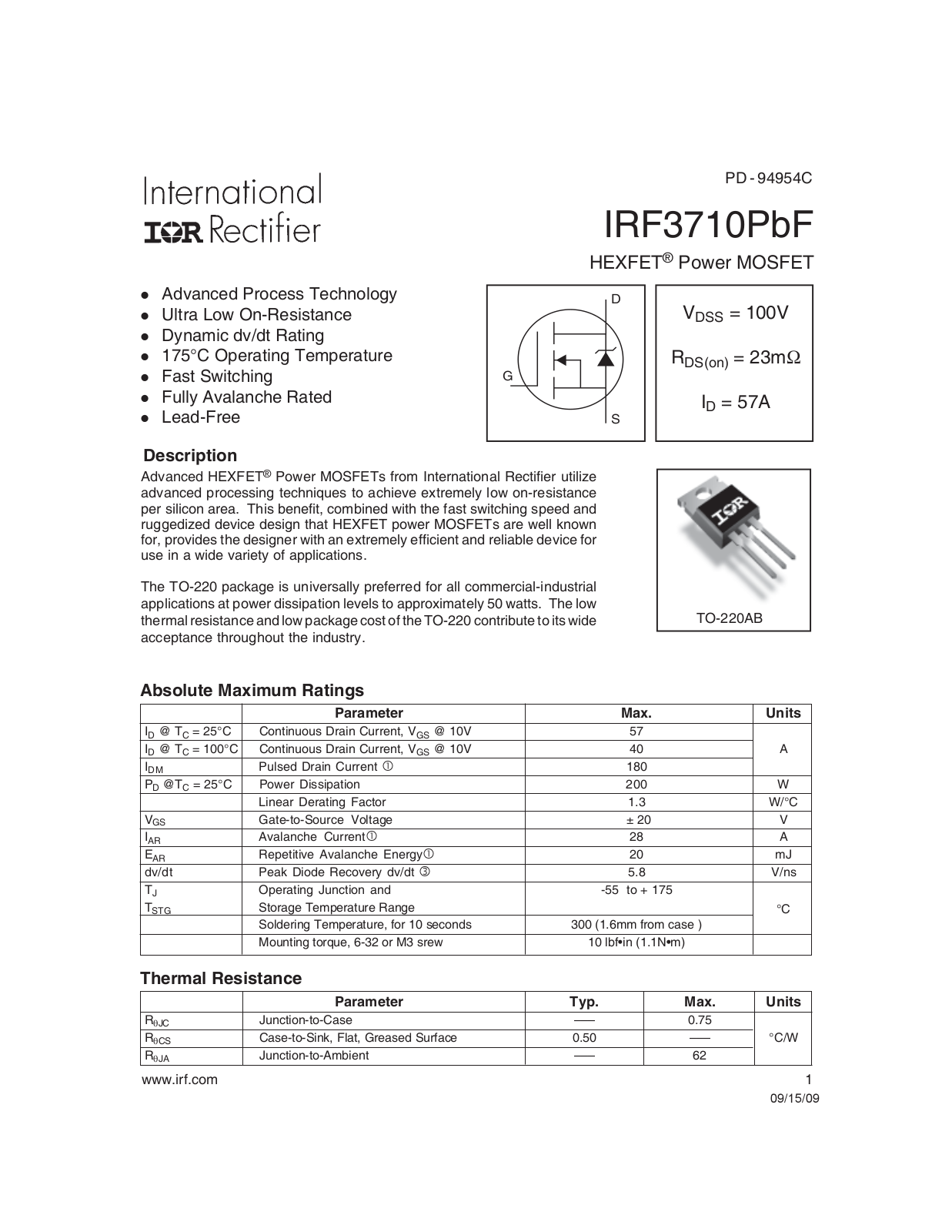 Datasheet IRF3710PbF Datasheet - ManualMachine.com