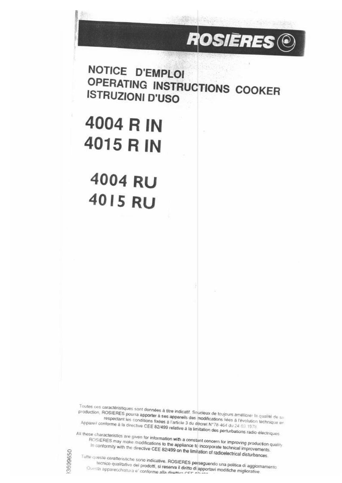 ROSIERES 4004 R IN, 4004 RU, 4015 R IN, 4015 RU User Manual