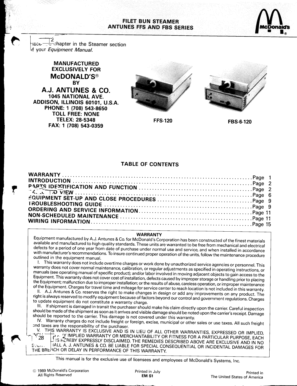 Antunes FBS-6-120 Installation Manual