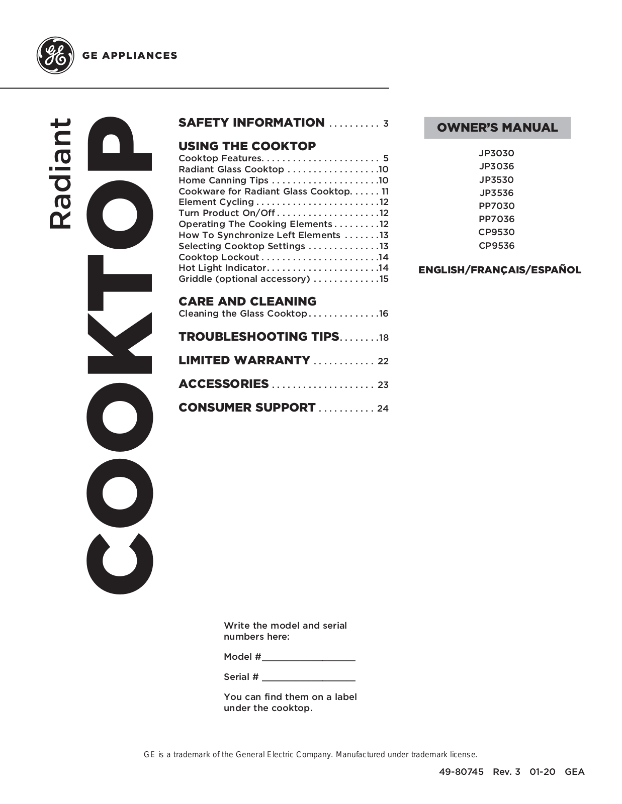 GE JP3030, JP3036, JP3530, JP3536, PP7030 Owner’s Manual