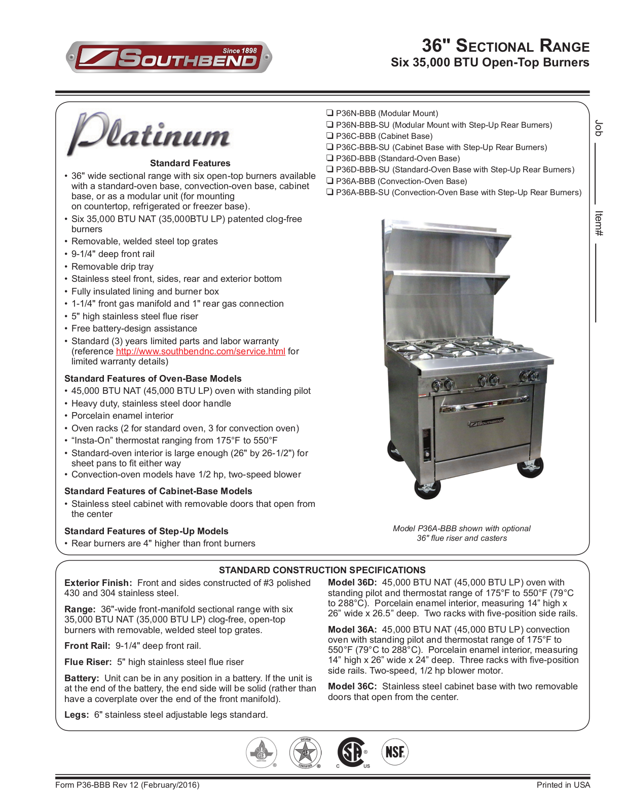 Southbend P36NBBBSU, P36ABBBSU, P36DBBBSU, P36CBBBSU Product Sheet