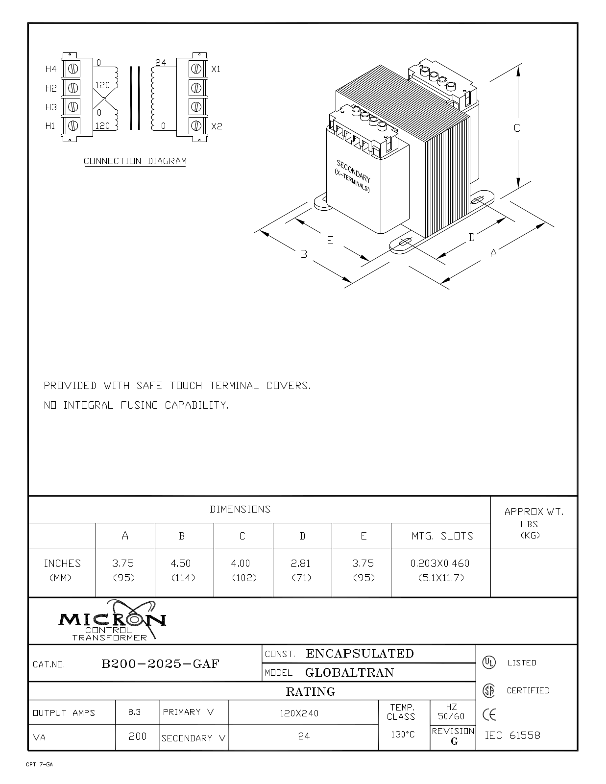 Micron Industries B200-2025-GAF Specification Sheet