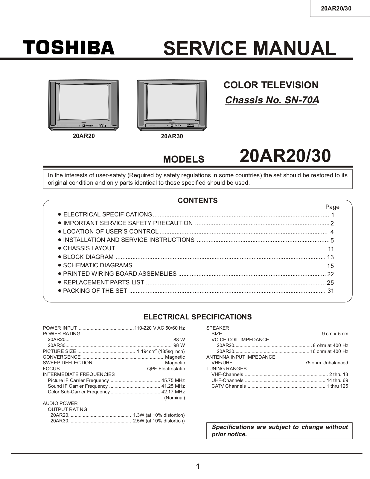 Toshiba 20AR20, 20AR30 Service Manual