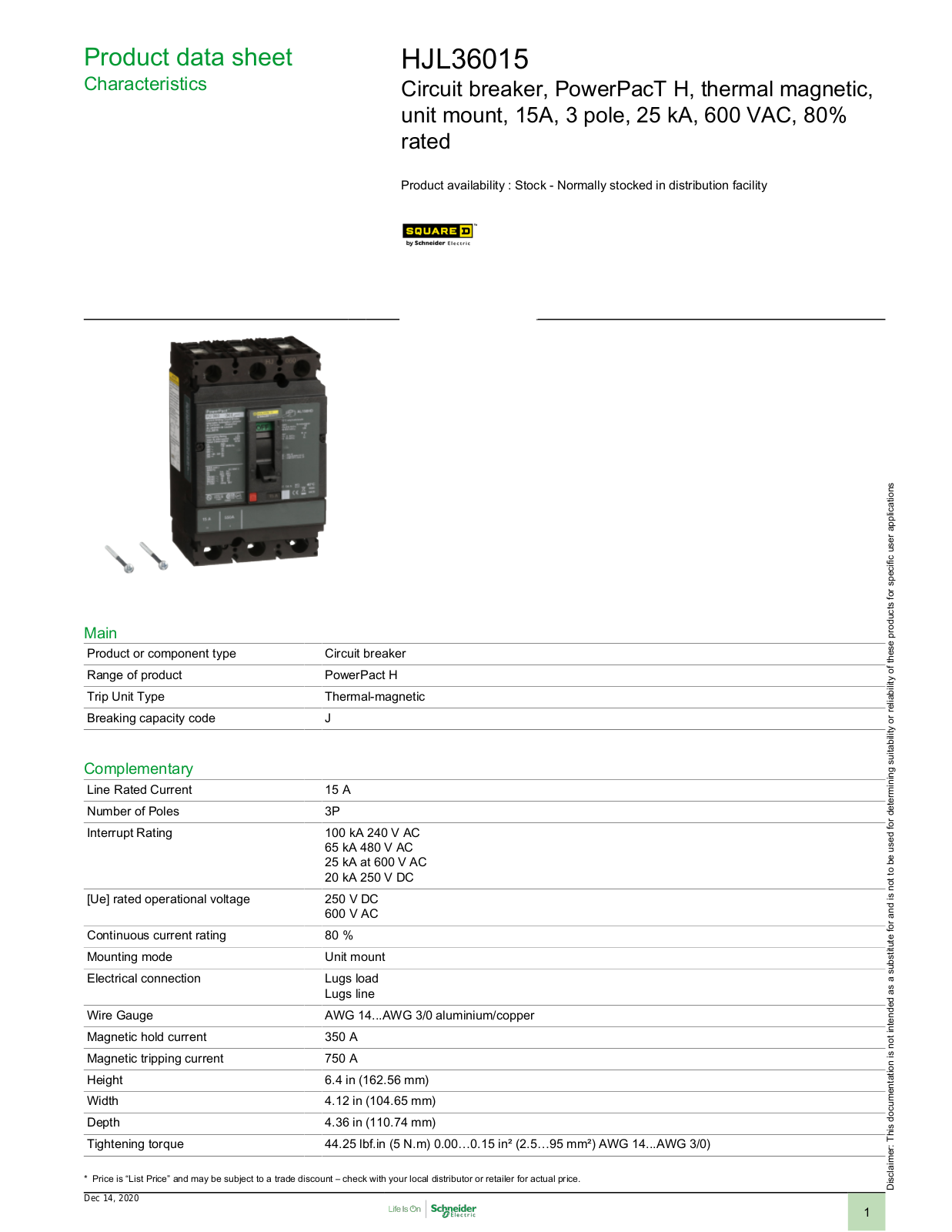 Square D HJL36015 Data Sheet