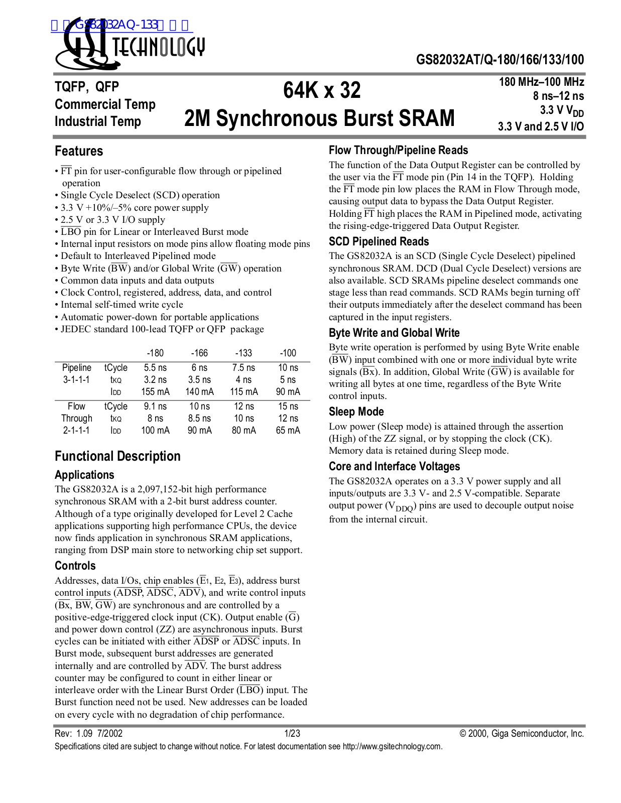 GSI TECHNOLOGY GS82032AT-180, GS82032AT-166, GS82032AT-133, GS82032AT-4, GS82032AT-5 Service Manual