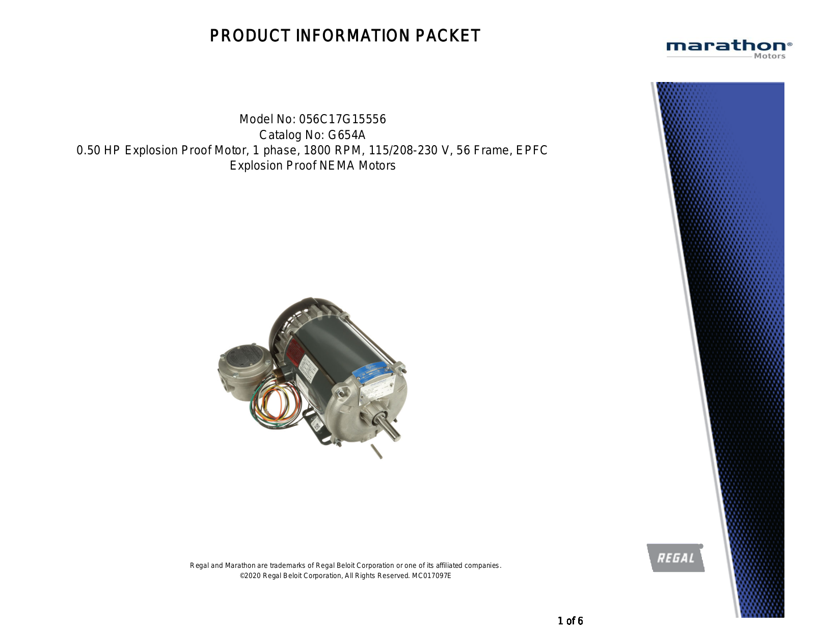 Marathon Electric 056C17G15556 Product Information Packet