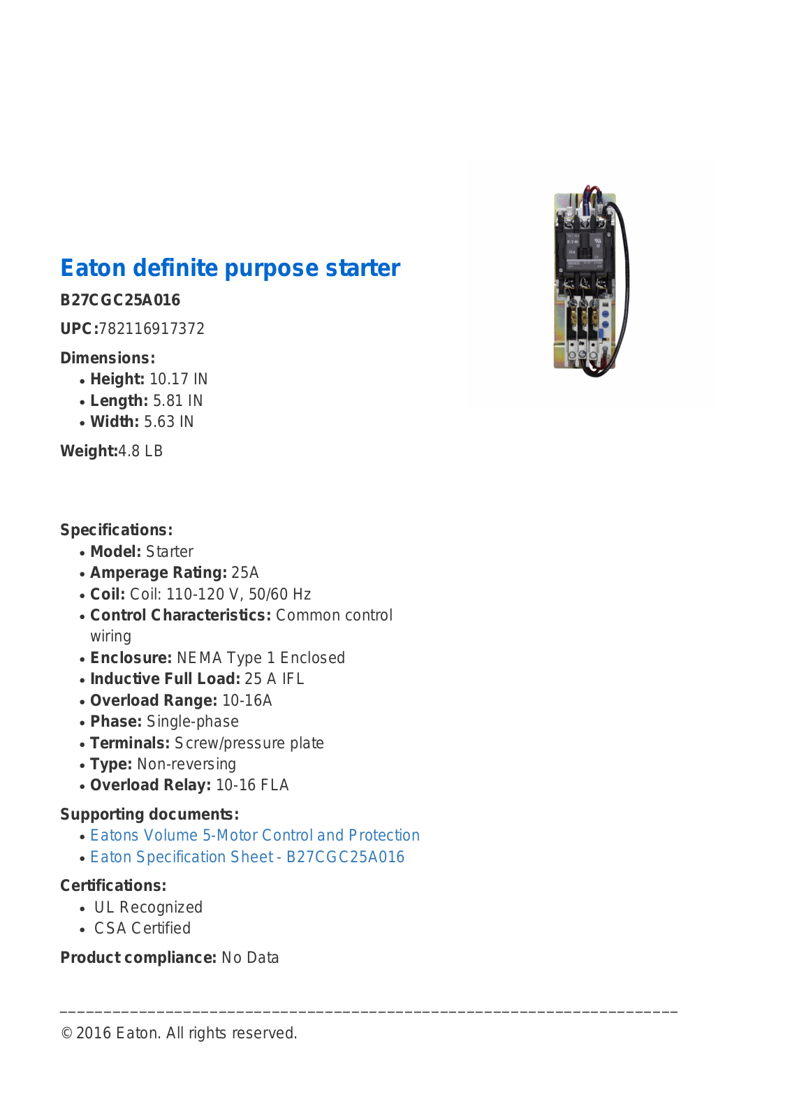 Cutler Hammer, Div of Eaton Corp B27CGC25A016 Specifications