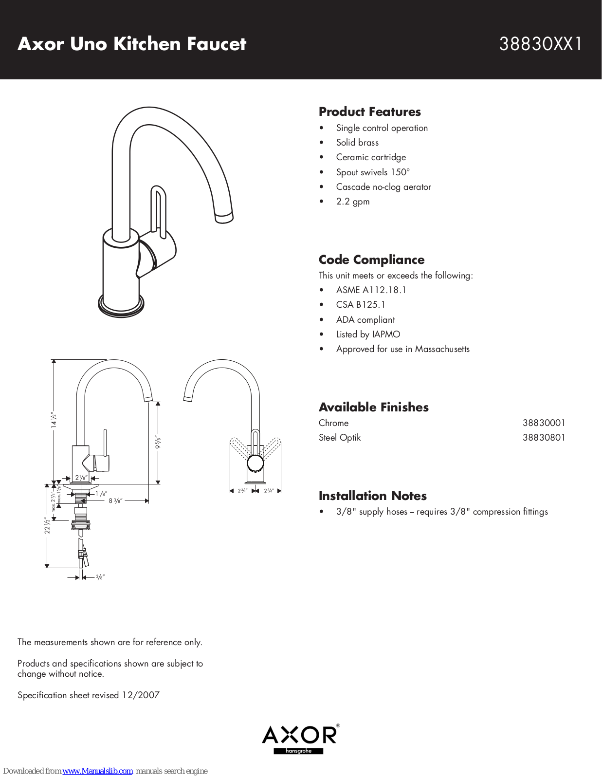 Axor 38830001, 38830801 Specification Sheet