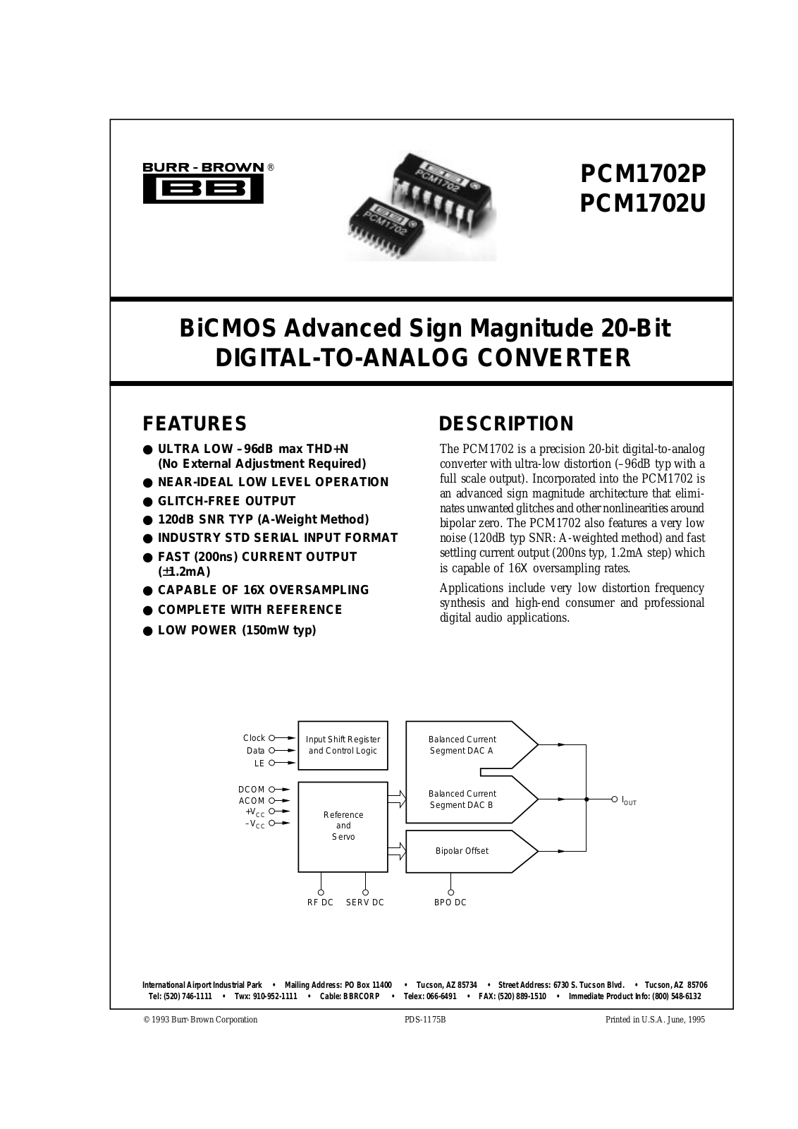 Burr Brown PCM1702P, PCM1702P-J, PCM1702P-K, PCM1702U, PCM1702U-J Datasheet