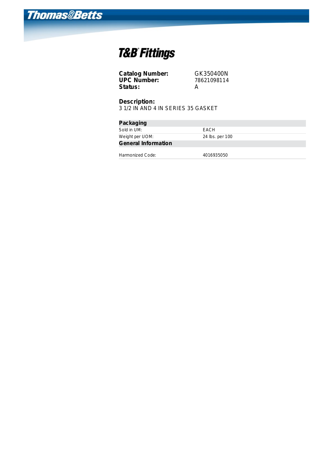 Thomas & Betts GK350-400N Data Sheet