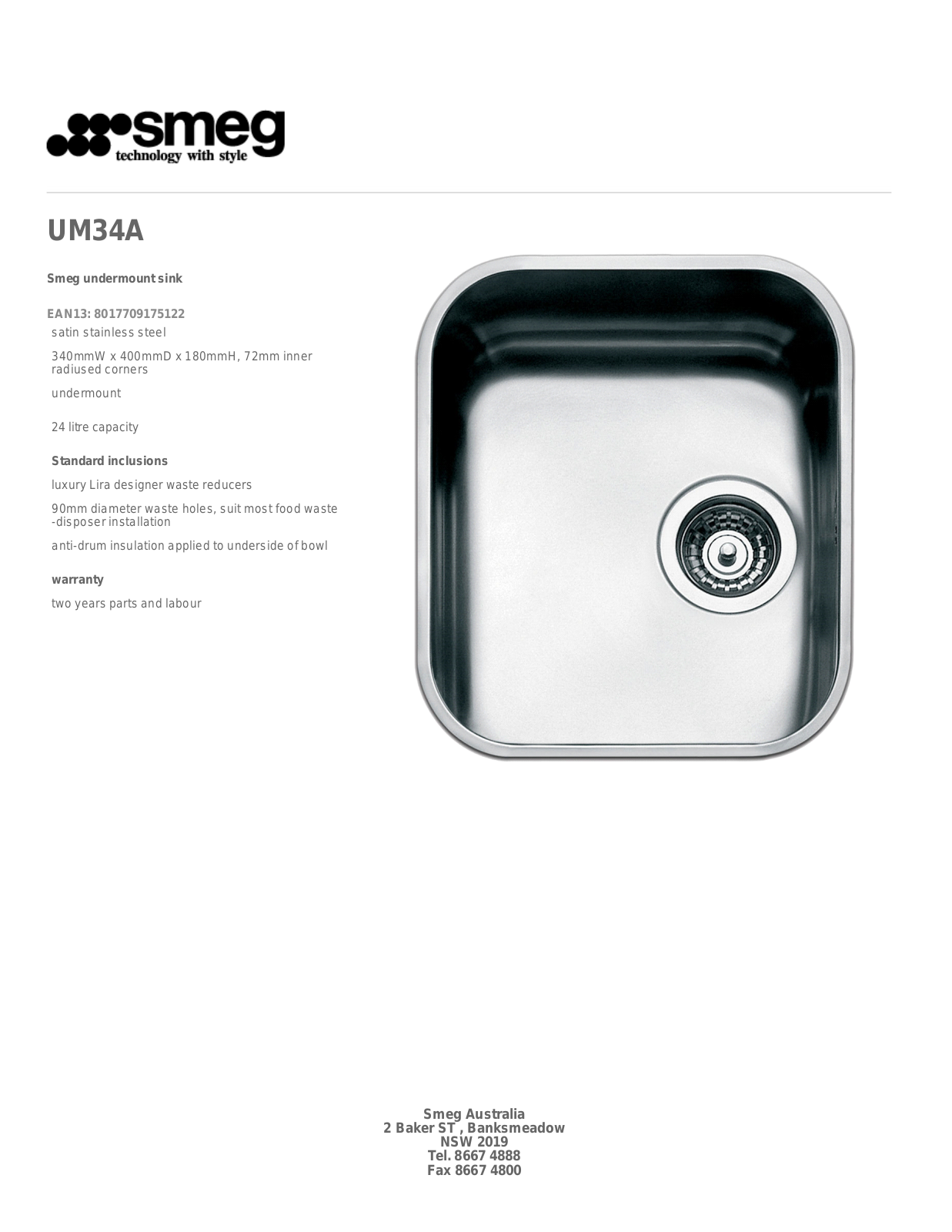 Smeg UM34A Specifications Sheet