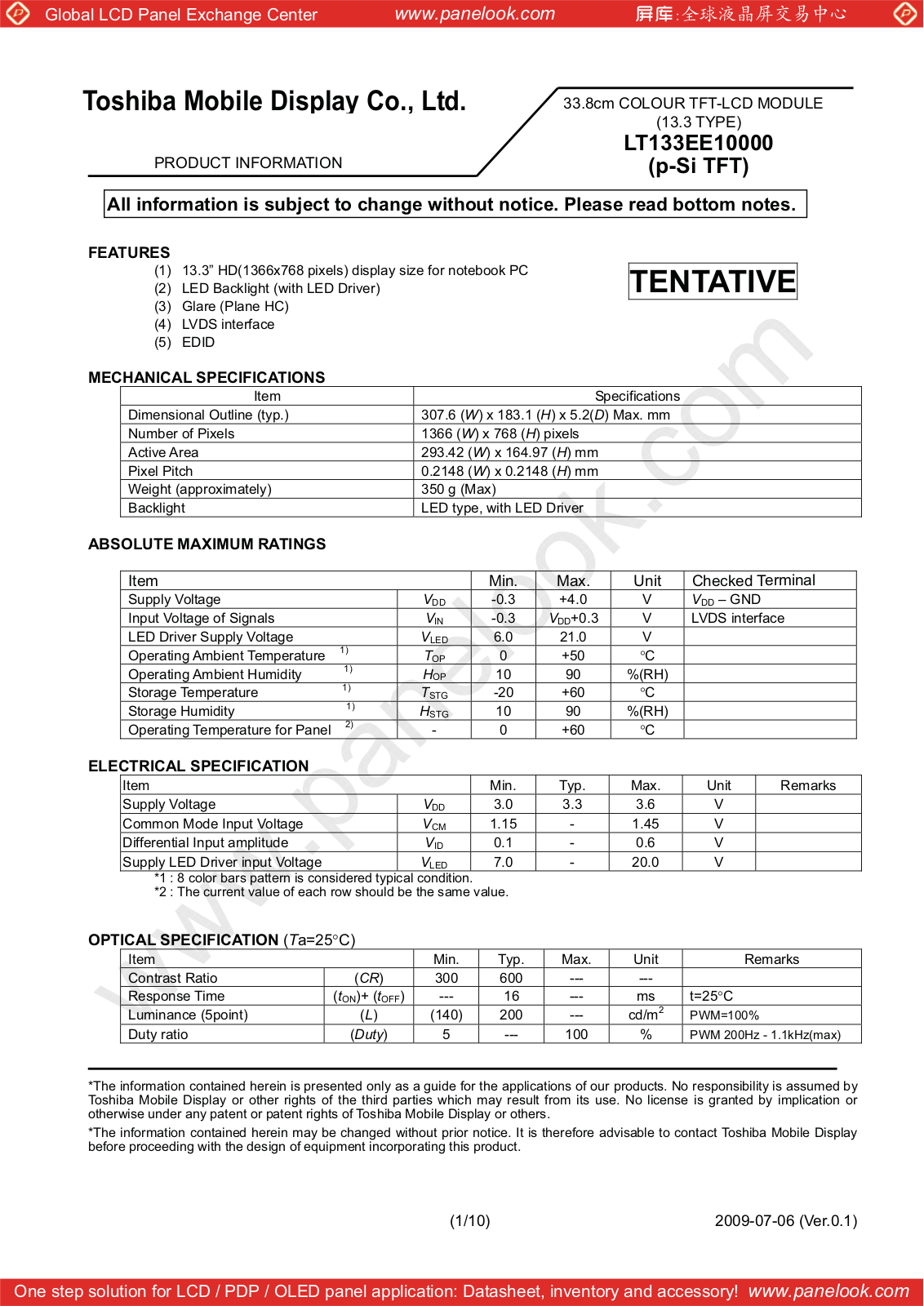 TOSHIBA LT133EE10000 Specification