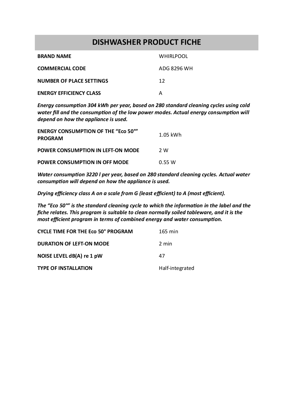 Whirlpool ADG 8296 WH PRODUCT SHEET