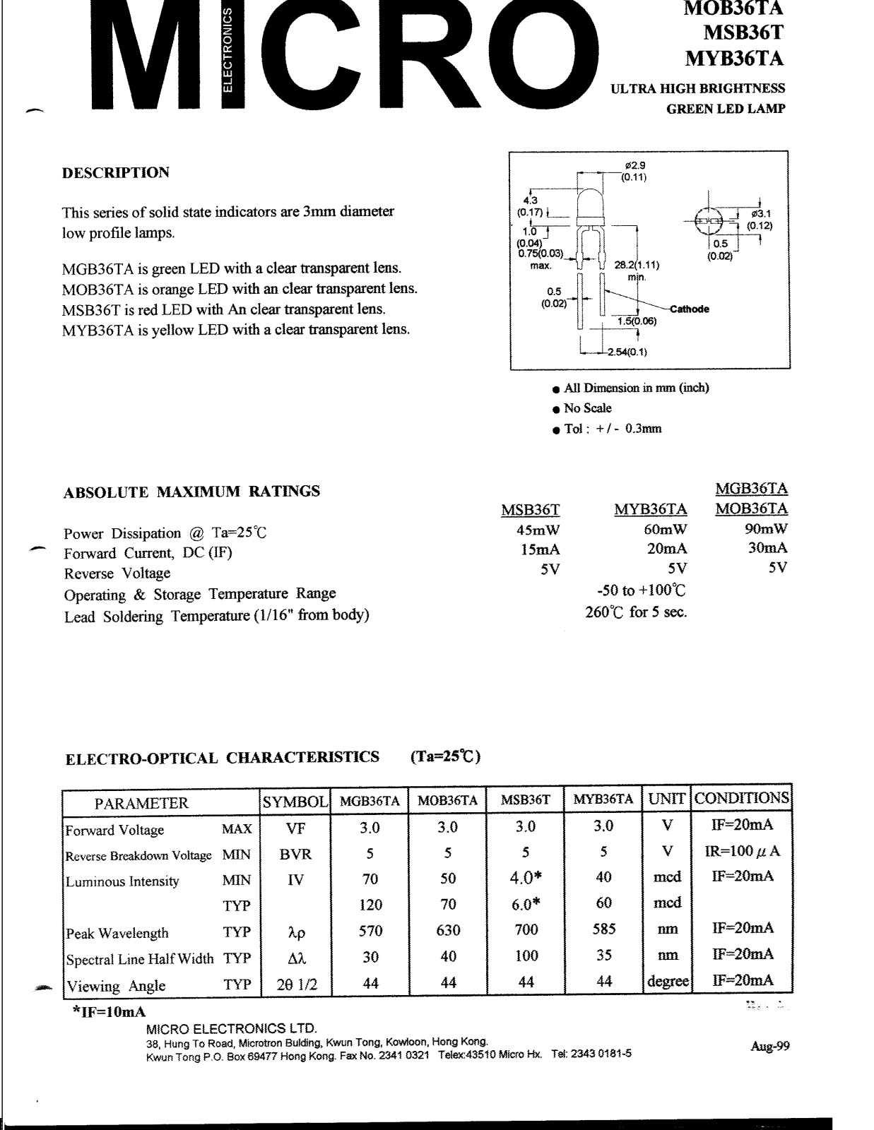 MICRO MSB36T, MOB36TA, MGB36TA, MYB36TA Datasheet