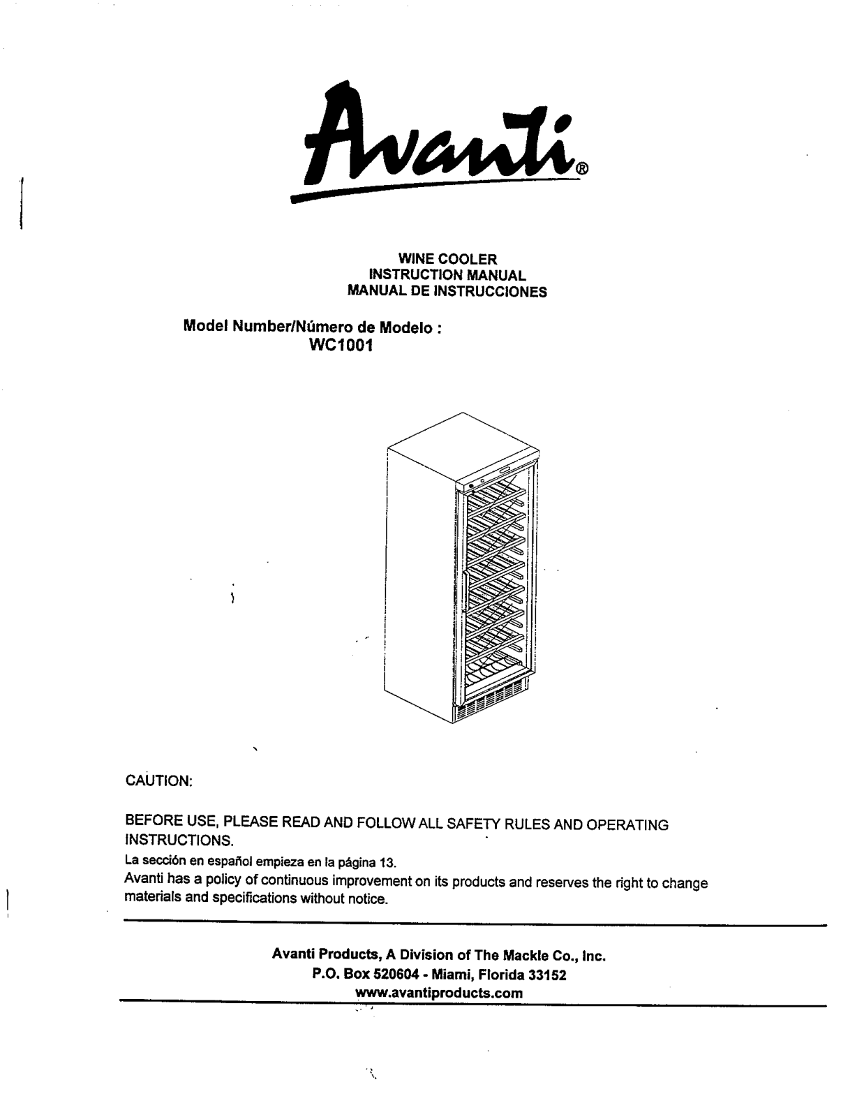 Avanti WC1001 User Manual