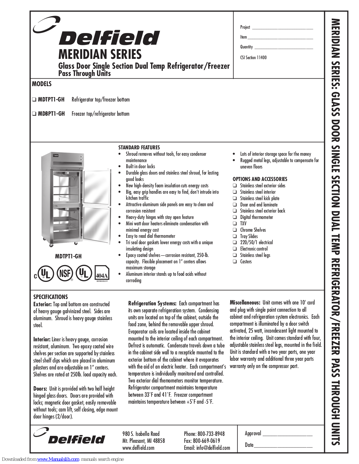 Delfield Meridian MDBPT1-GH, Meridian MDTPT1-GH Specifications