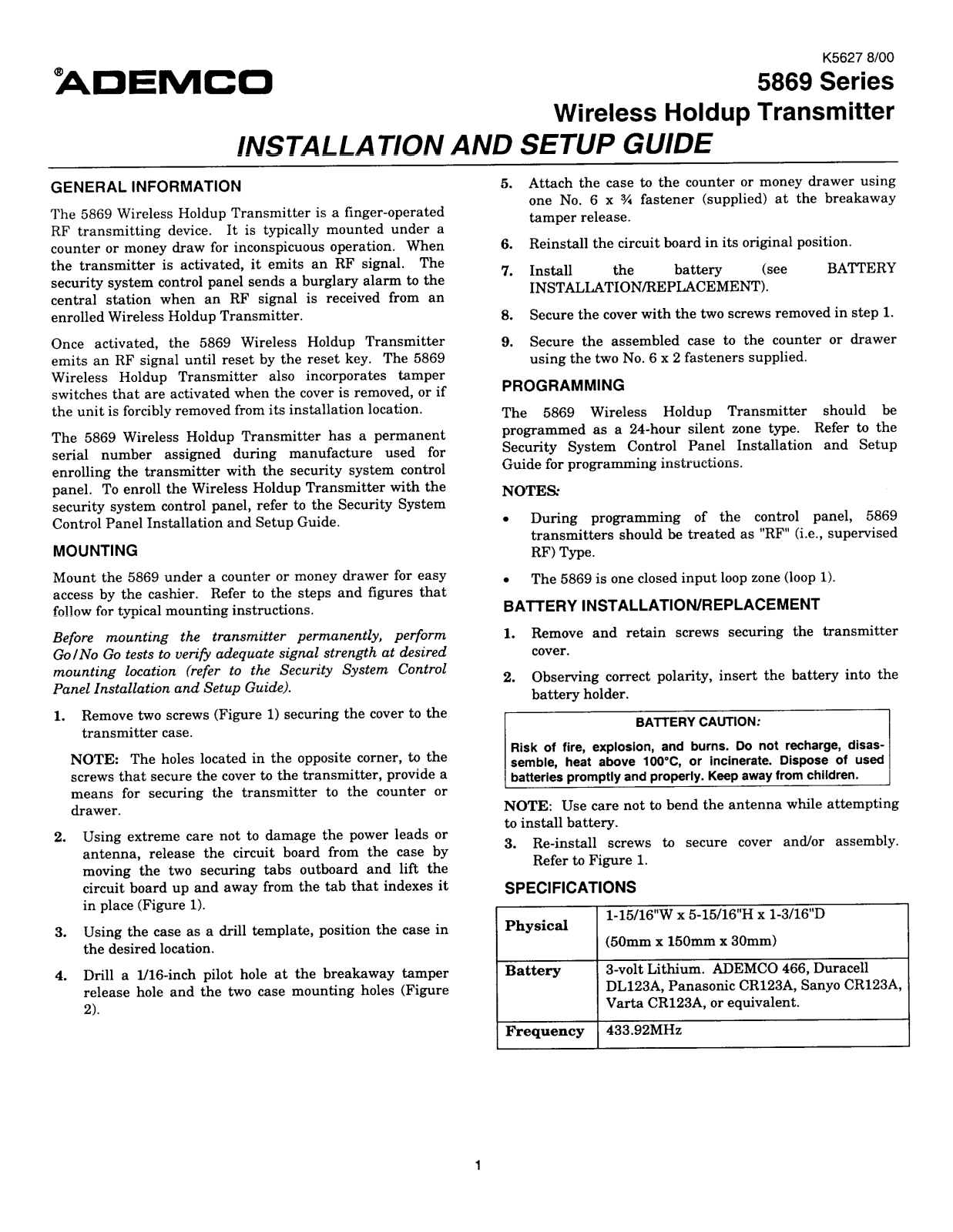 Ademco 8DL5869 Users Manual