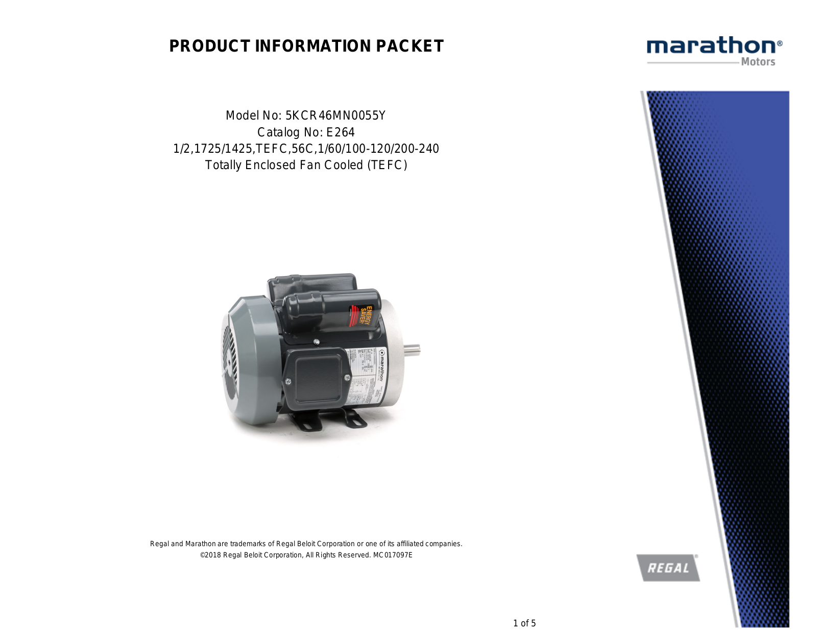 Marathon Electric 5KCR46MN0055Y Product Information Packet