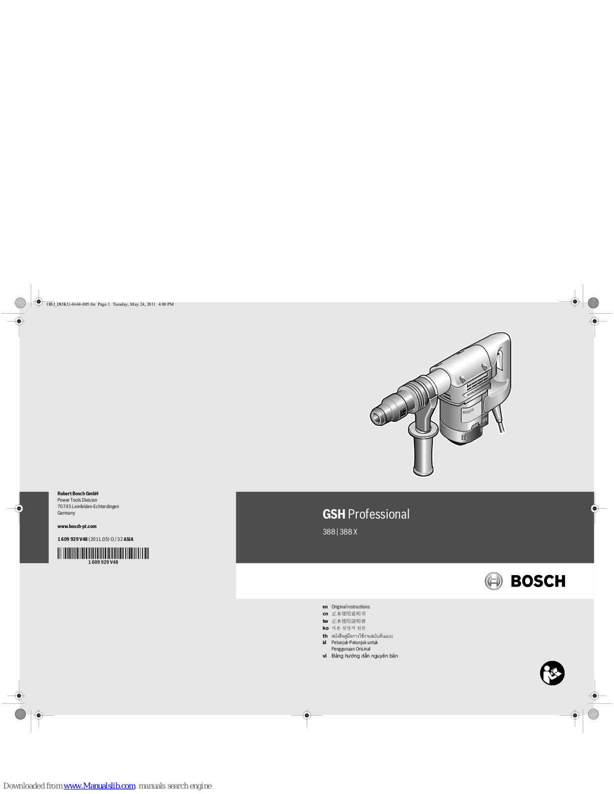 Bosch GSH Professional 388, GSH Professional 388 X Original Instructions Manual