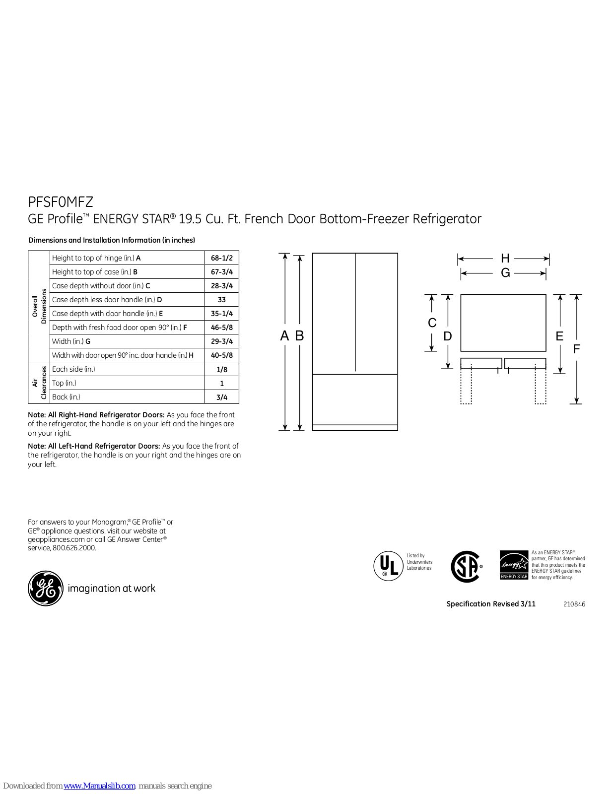 GE Energy Star PFSF0MFZ, Energy Star PFSF0MFZBB, ENERGY STAR PFSS0MFZ Dimensions And Installation Information