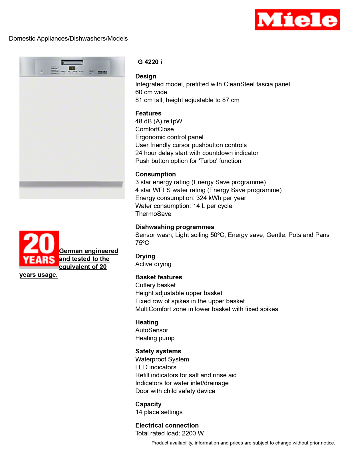 Miele G4220I Specifications Sheet