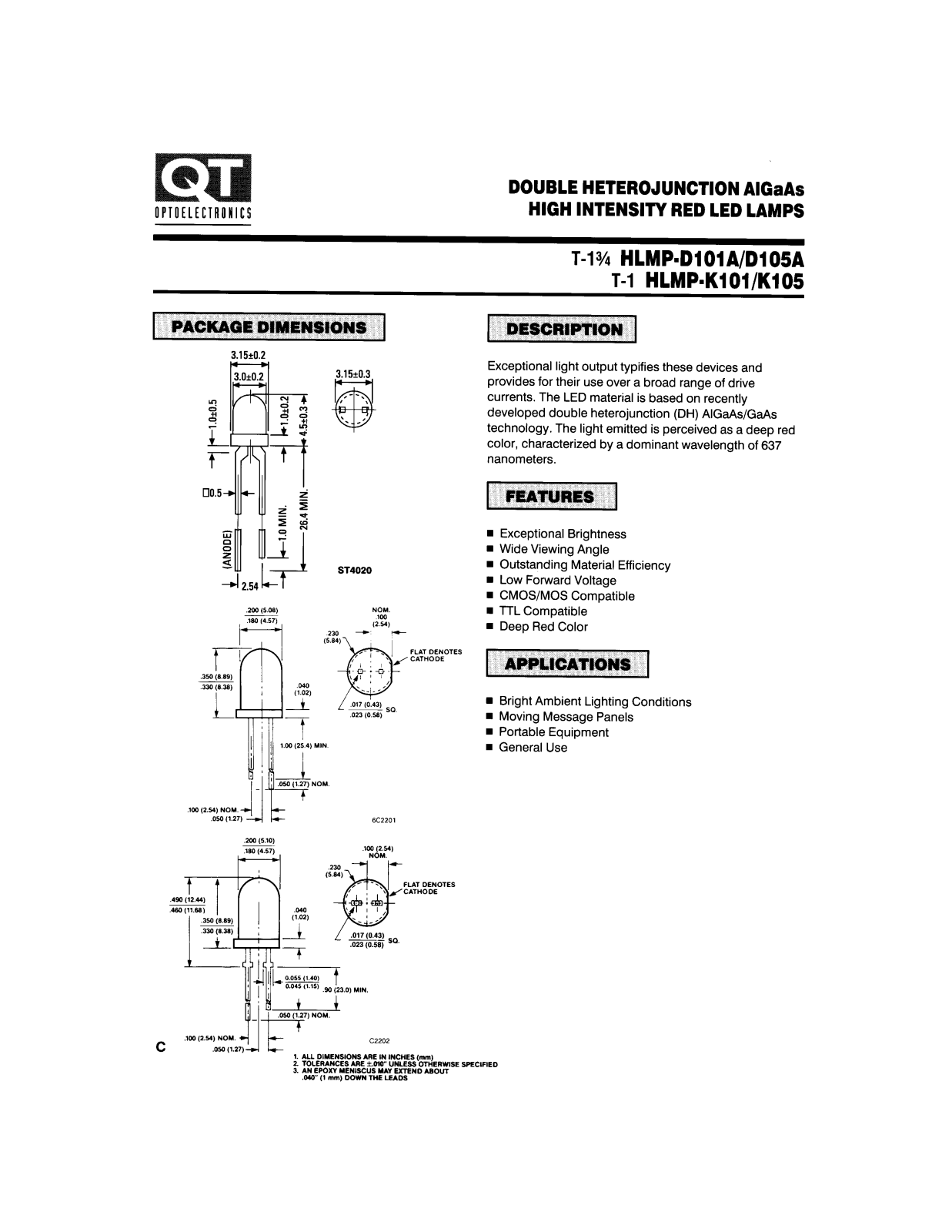 QT HLMP-D101A, HLMP-D105A, HLMP-K101, HLMP-K105 Datasheet