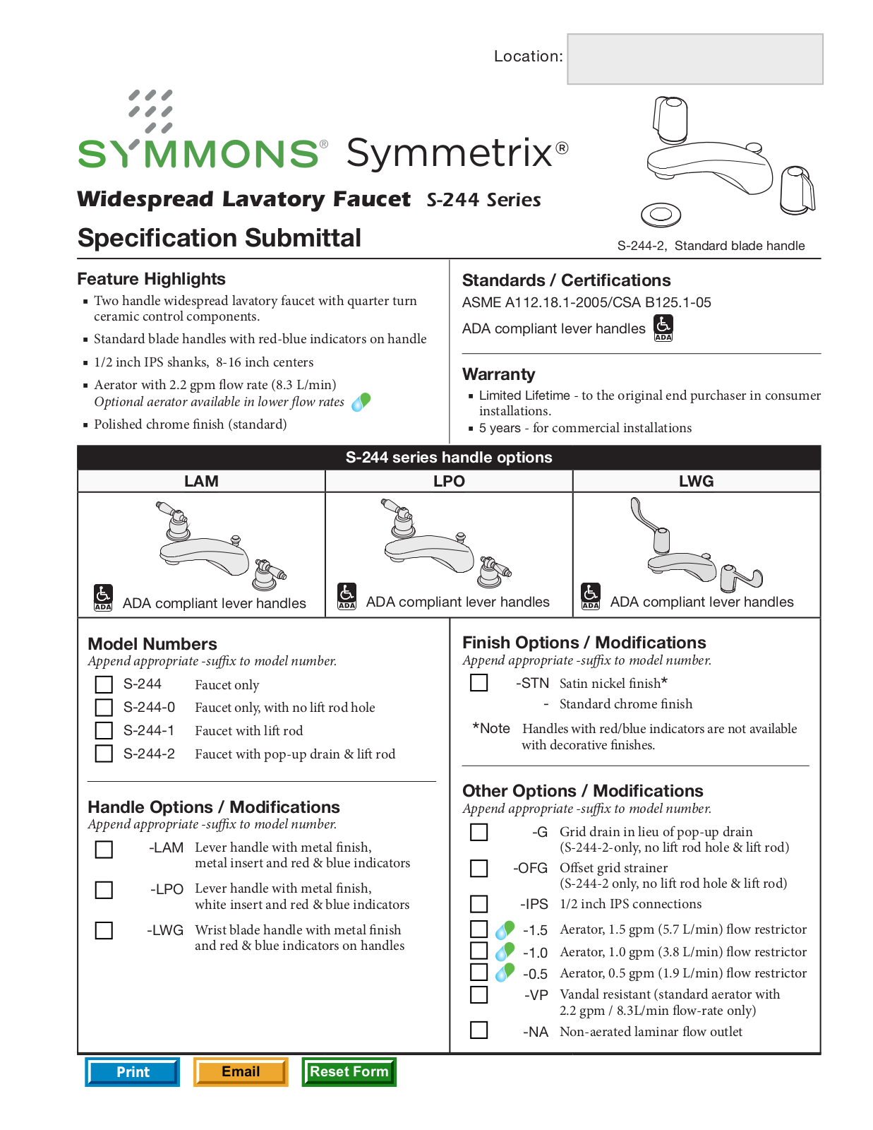 Symmons S-244 User Manual