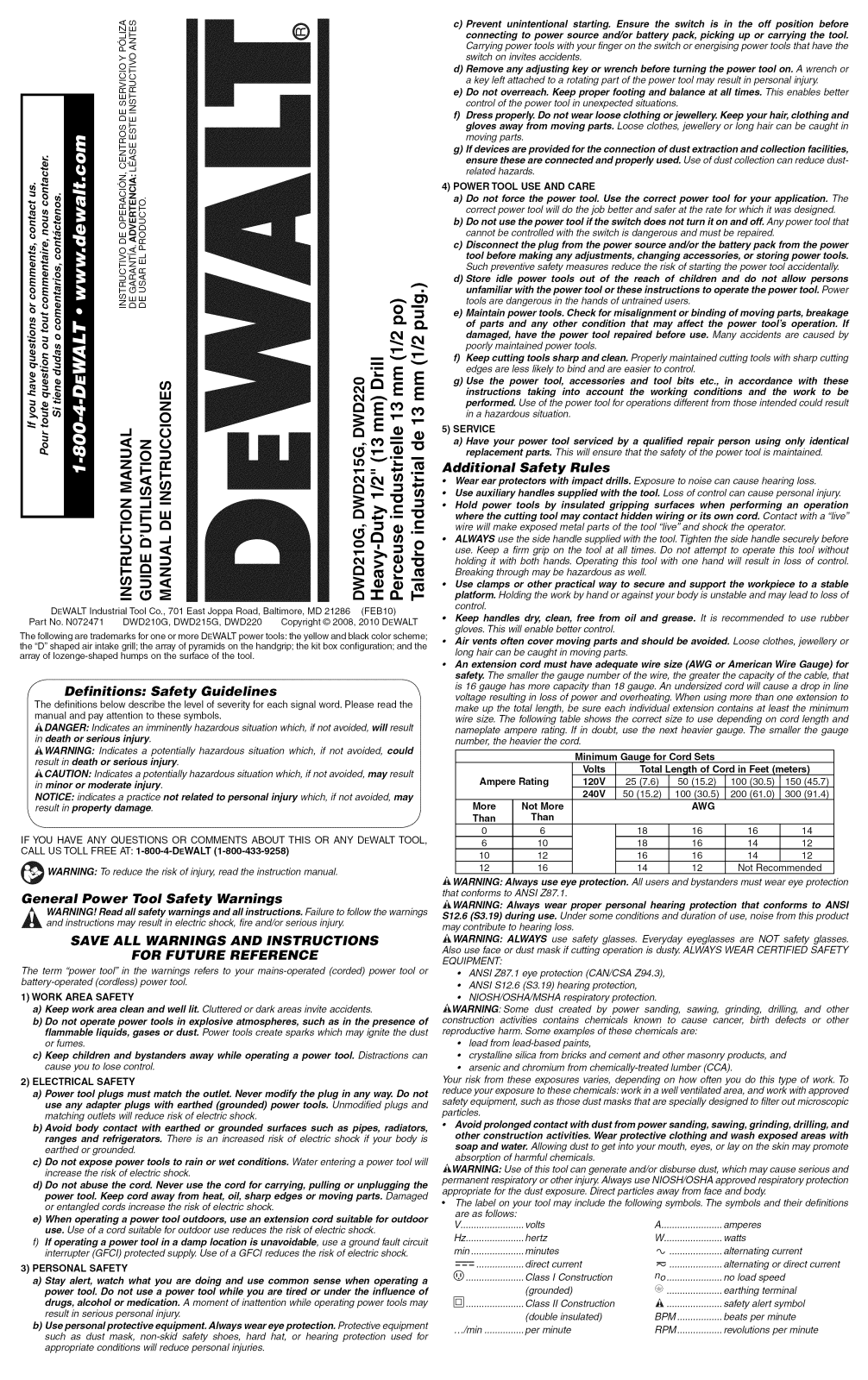 DeWalt DWD220 TYPE 1, DWD210G TYPE 1 Owner’s Manual