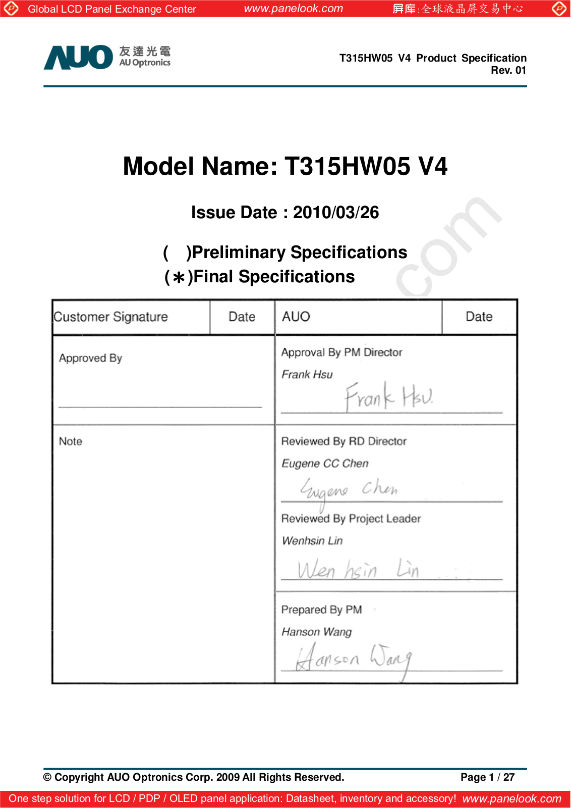 AUO T315HW05 V4 Specification