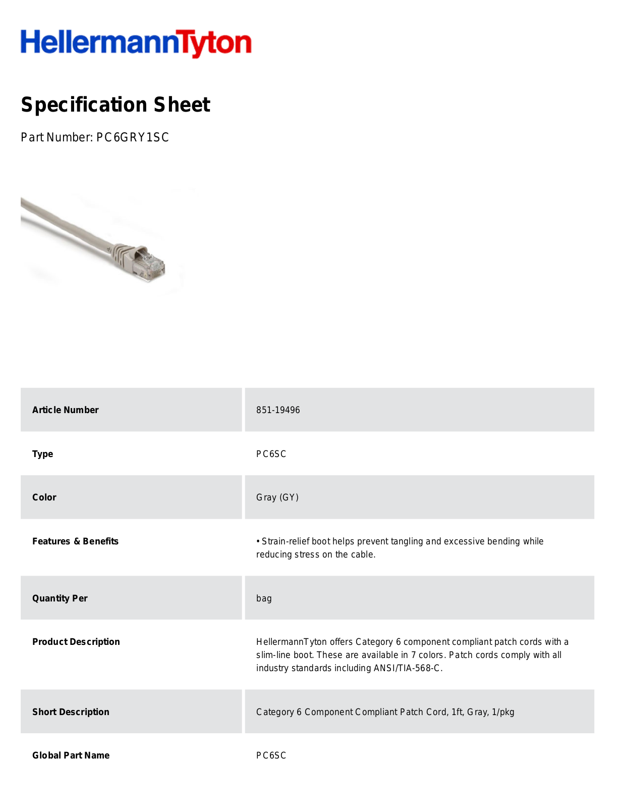 HellermannTyton PC6GRY1SC Specification Sheet