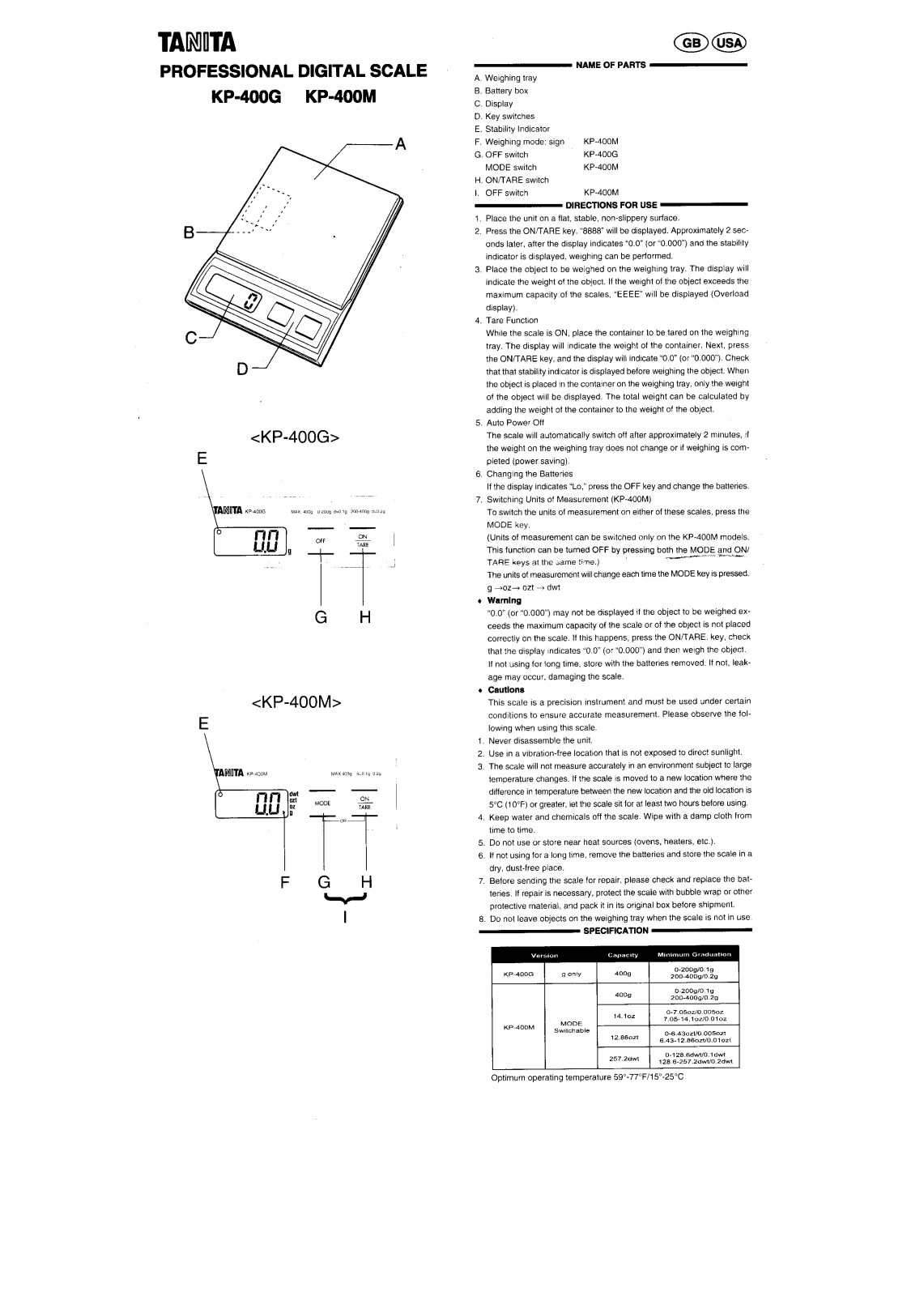 Tanita KP-400M Owner's Manual