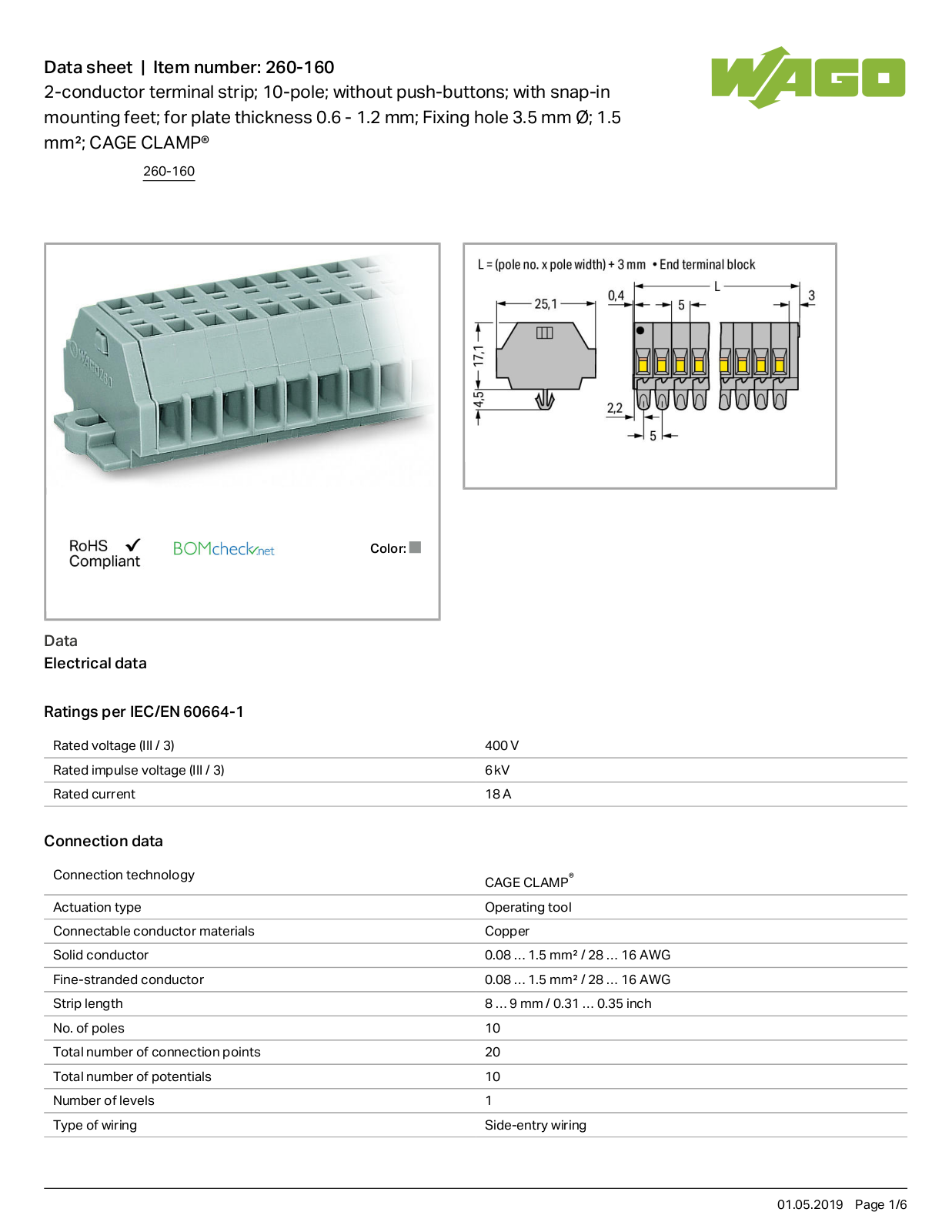 Wago 260-160 Data Sheet