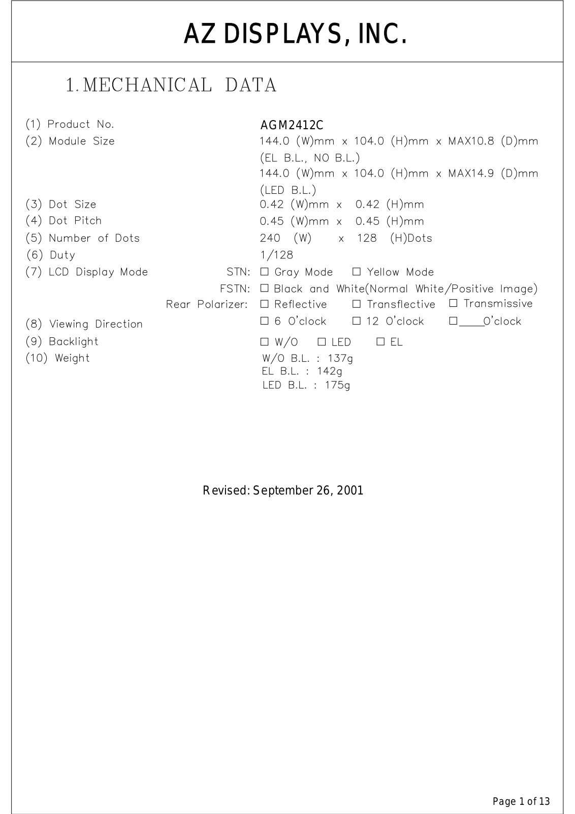 AZDIS AGM2412C-RLYTW-T, AGM2412C-RLYTH-T, AGM2412C-RLYBW-T, AGM2412C-RLYBH-T, AGM2412C-RLGTW-T Datasheet