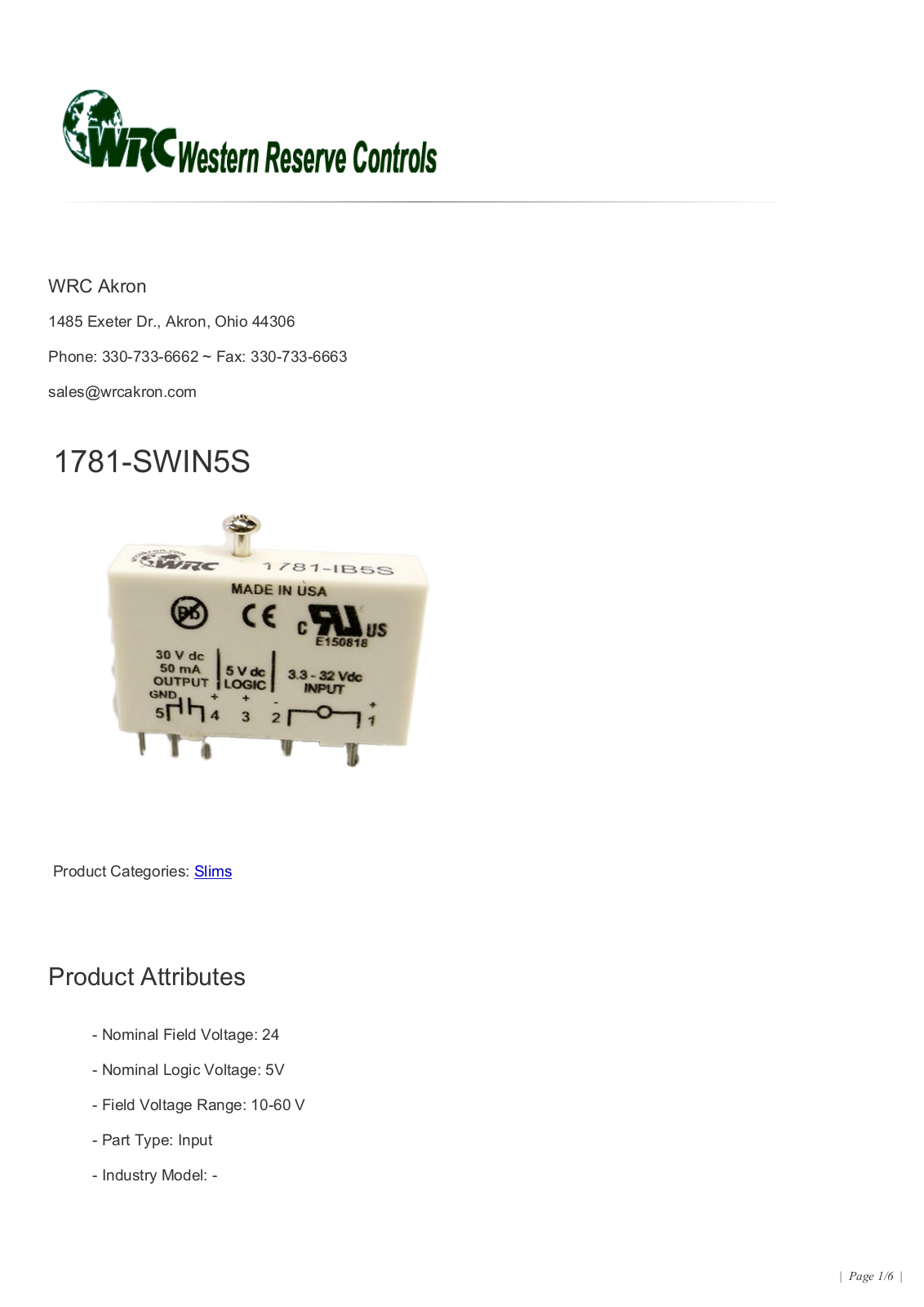 Western Reserve Controls 1781-SWIN5S Data Sheet