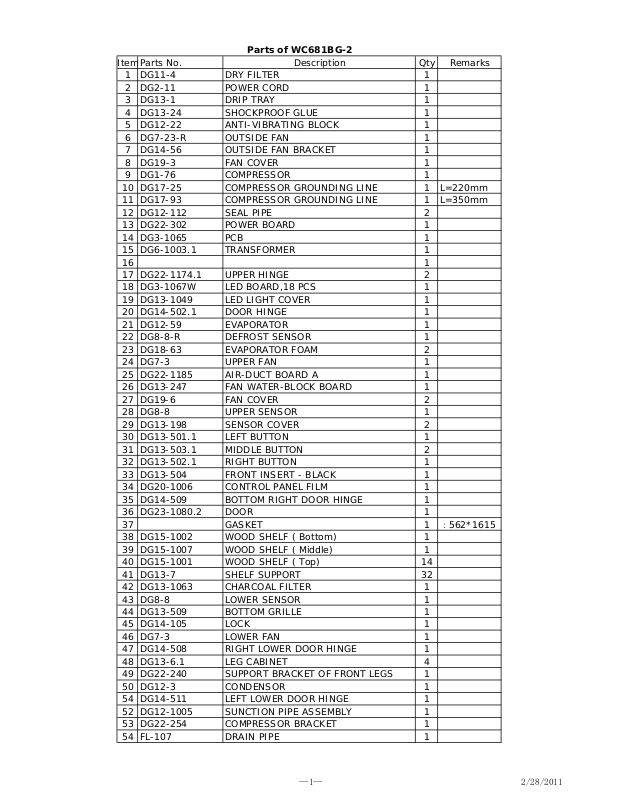 Avanti WC681BG-2 Parts List